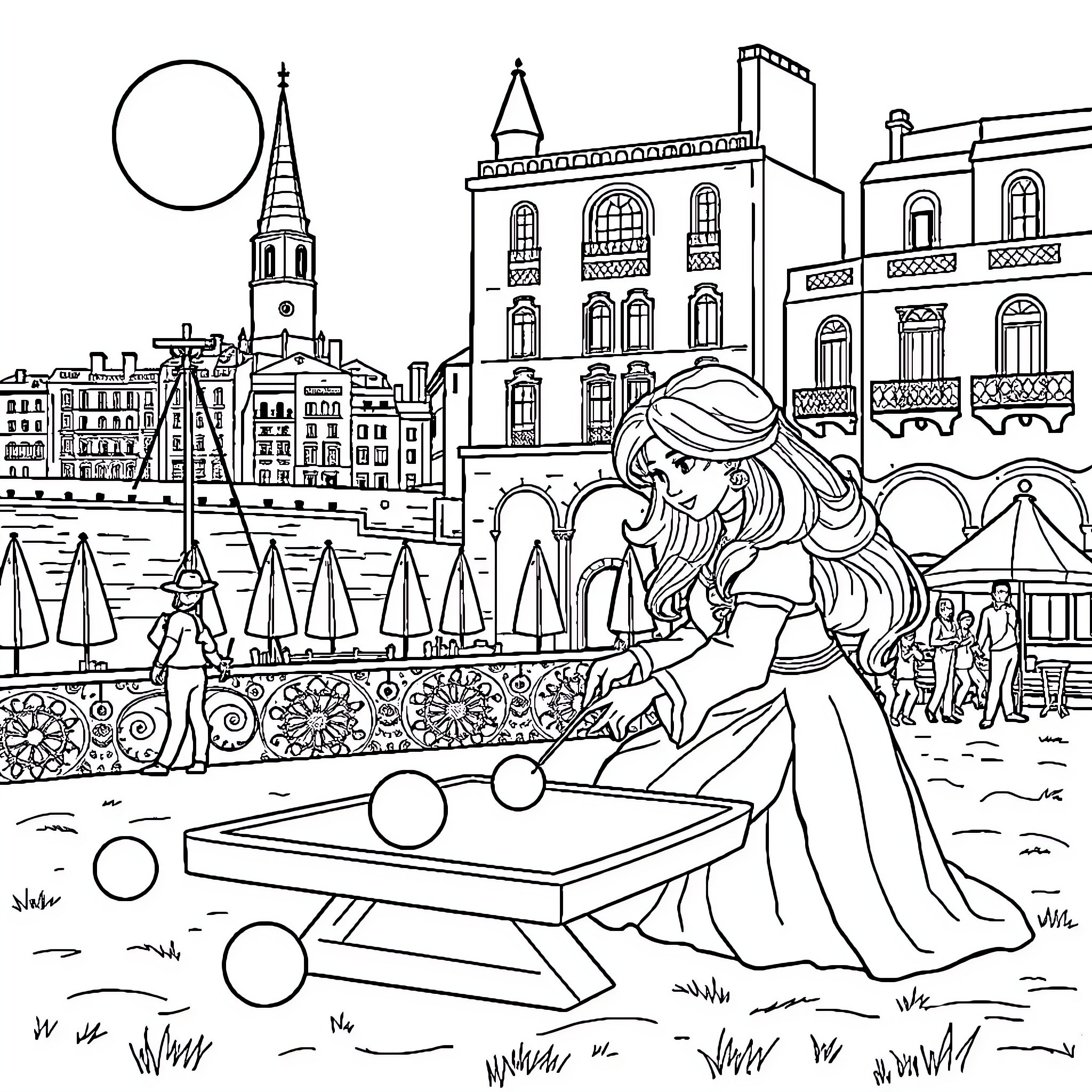 Queen Playing with Toys in a Lively Town Coloring Page (free black-and-white line drawing printable PDF for all, from beginners to advanced learners, including children, teens, adults, and seniors)