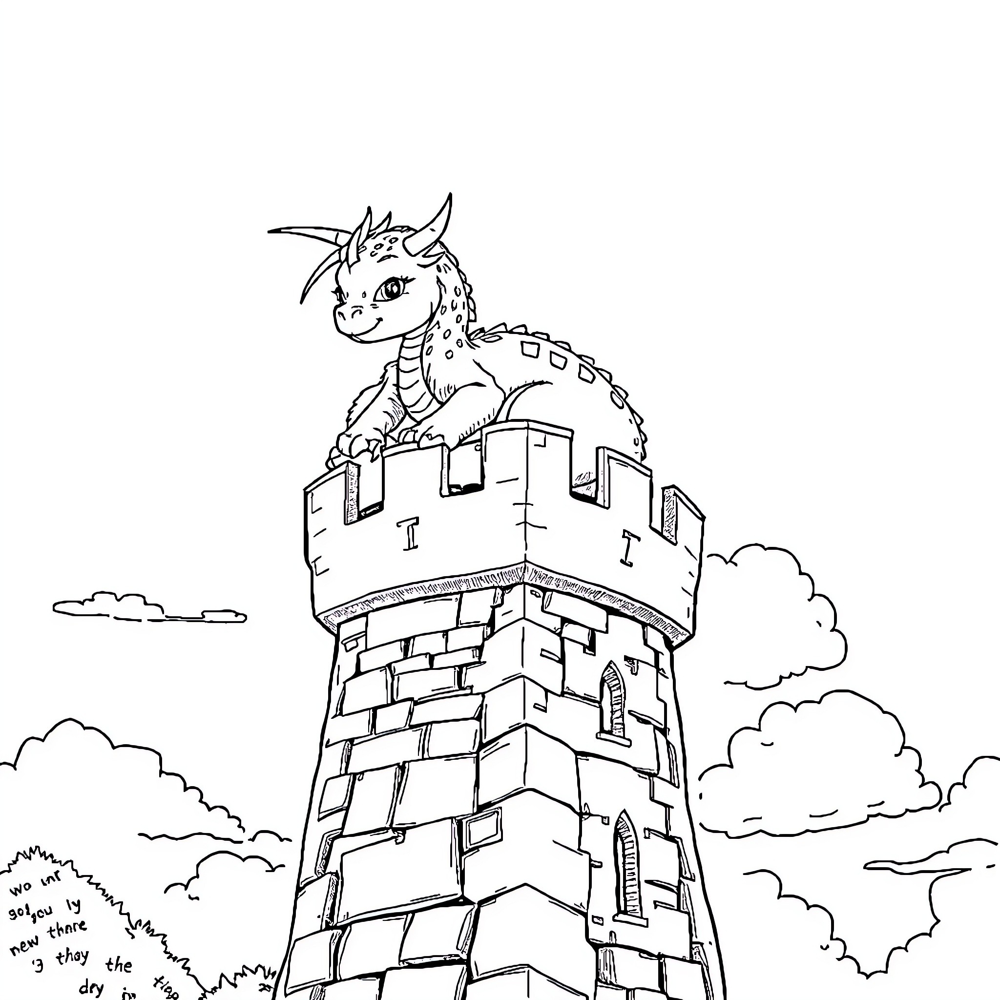 Dragon guarding a medieval castle tower Coloring Page (free black-and-white line drawing printable PDF for all, from beginners to advanced learners, including children, teens, adults, and seniors)