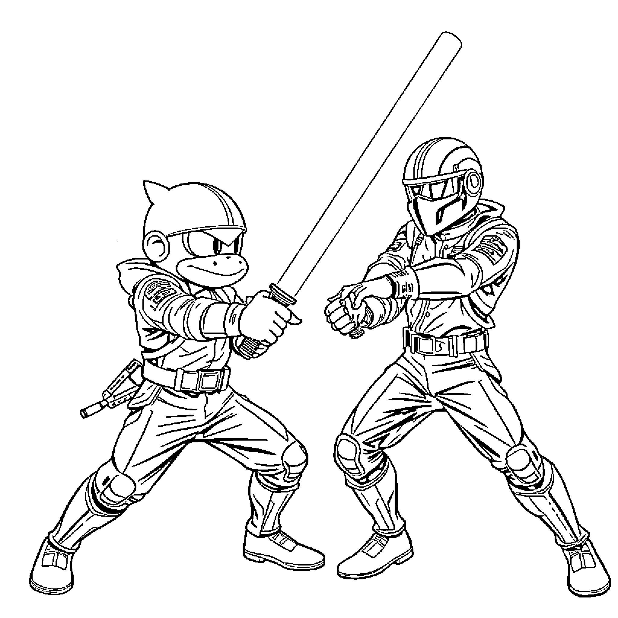 Yoshi warriors in epic battle stance Coloring Page (free black-and-white line drawing printable PDF for all, from beginners to advanced learners, including children, teens, adults, and seniors)