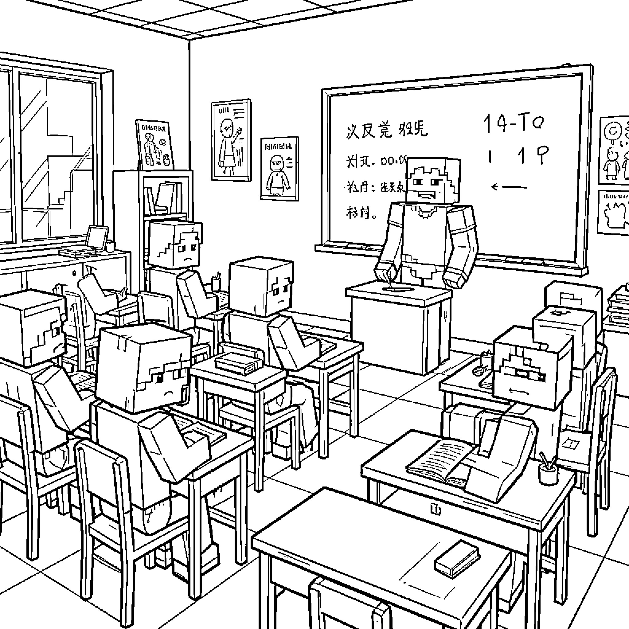 Minecraft Character in a Classroom Setting Coloring Page (free black-and-white line drawing printable PDF for all, from beginners to advanced learners, including children, teens, adults, and seniors)