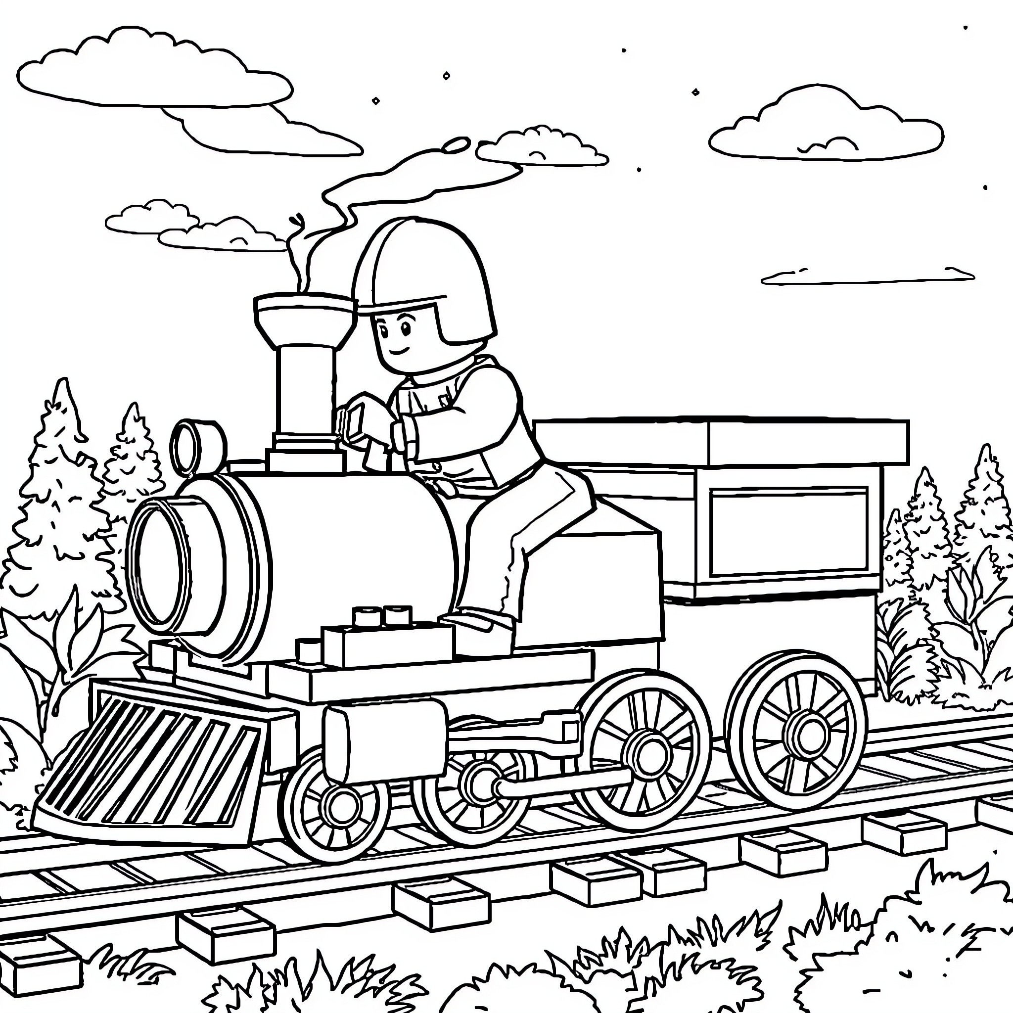Rider operating a locomotive in a scenic landscape Coloring Page (free black-and-white line drawing printable PDF for all, from beginners to advanced learners, including children, teens, adults, and seniors)