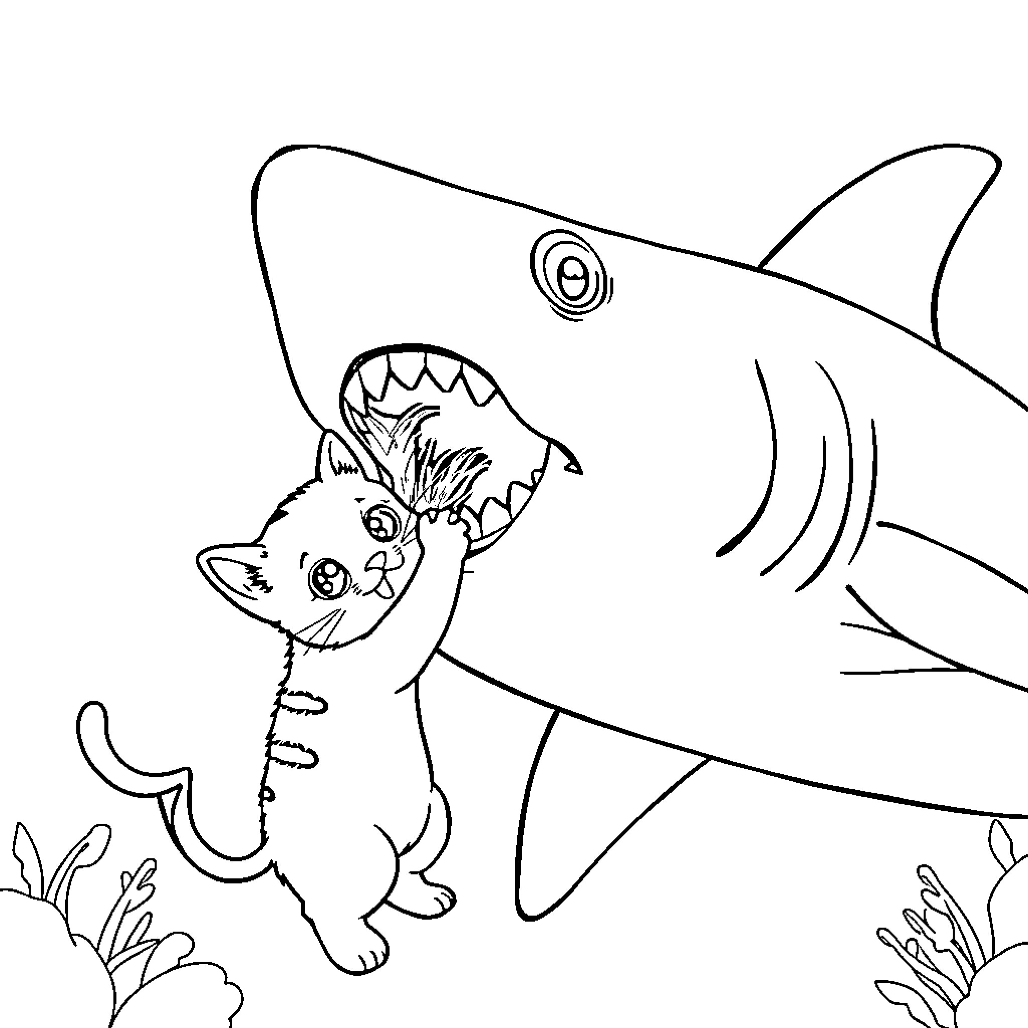 Cat with shark costume exploring underwater Coloring Page (free black-and-white line drawing printable PDF for all, from beginners to advanced learners, including children, teens, adults, and seniors)