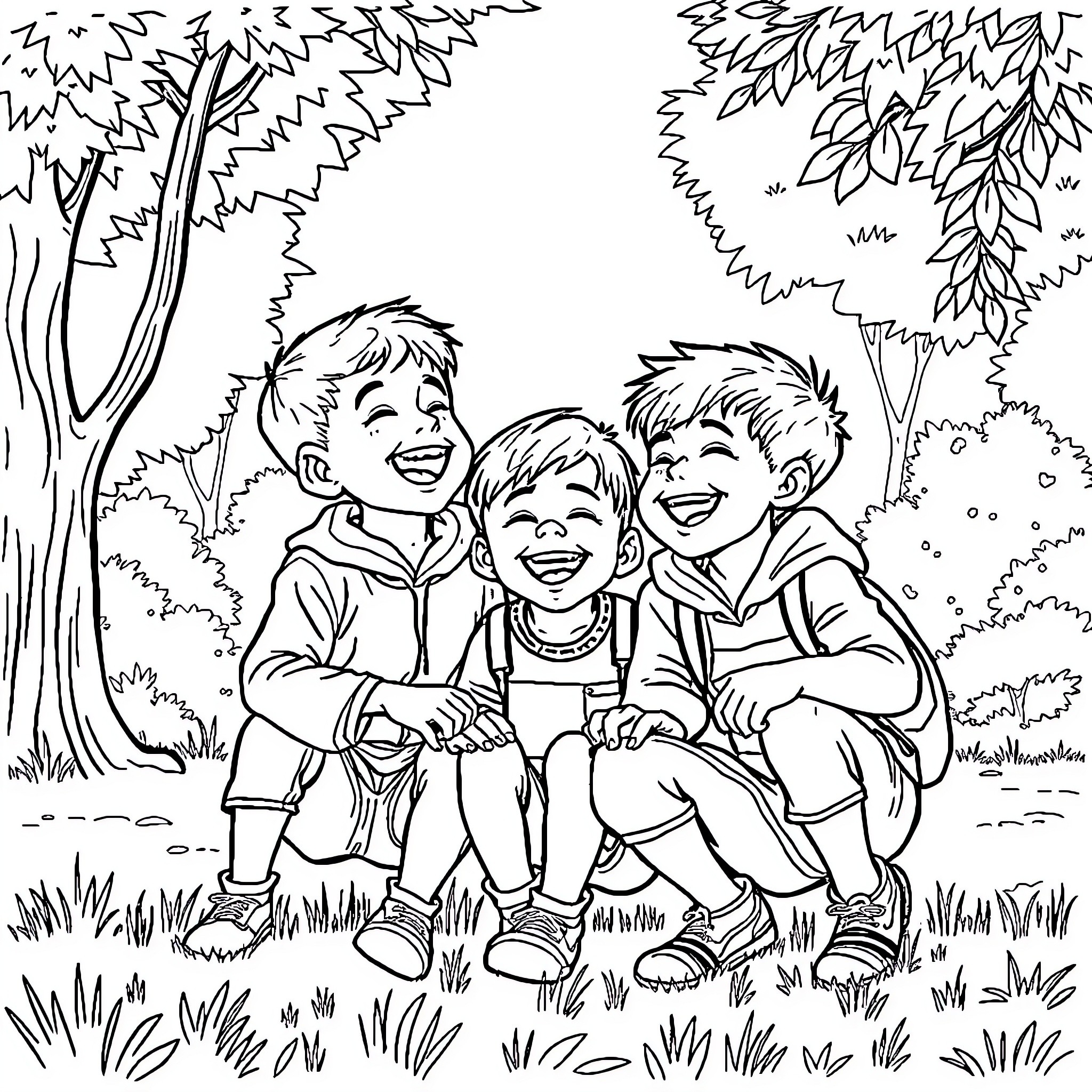 Saja Boy and Friends Enjoying Nature Coloring Page (free black-and-white line drawing printable PDF for all, from beginners to advanced learners, including children, teens, adults, and seniors)