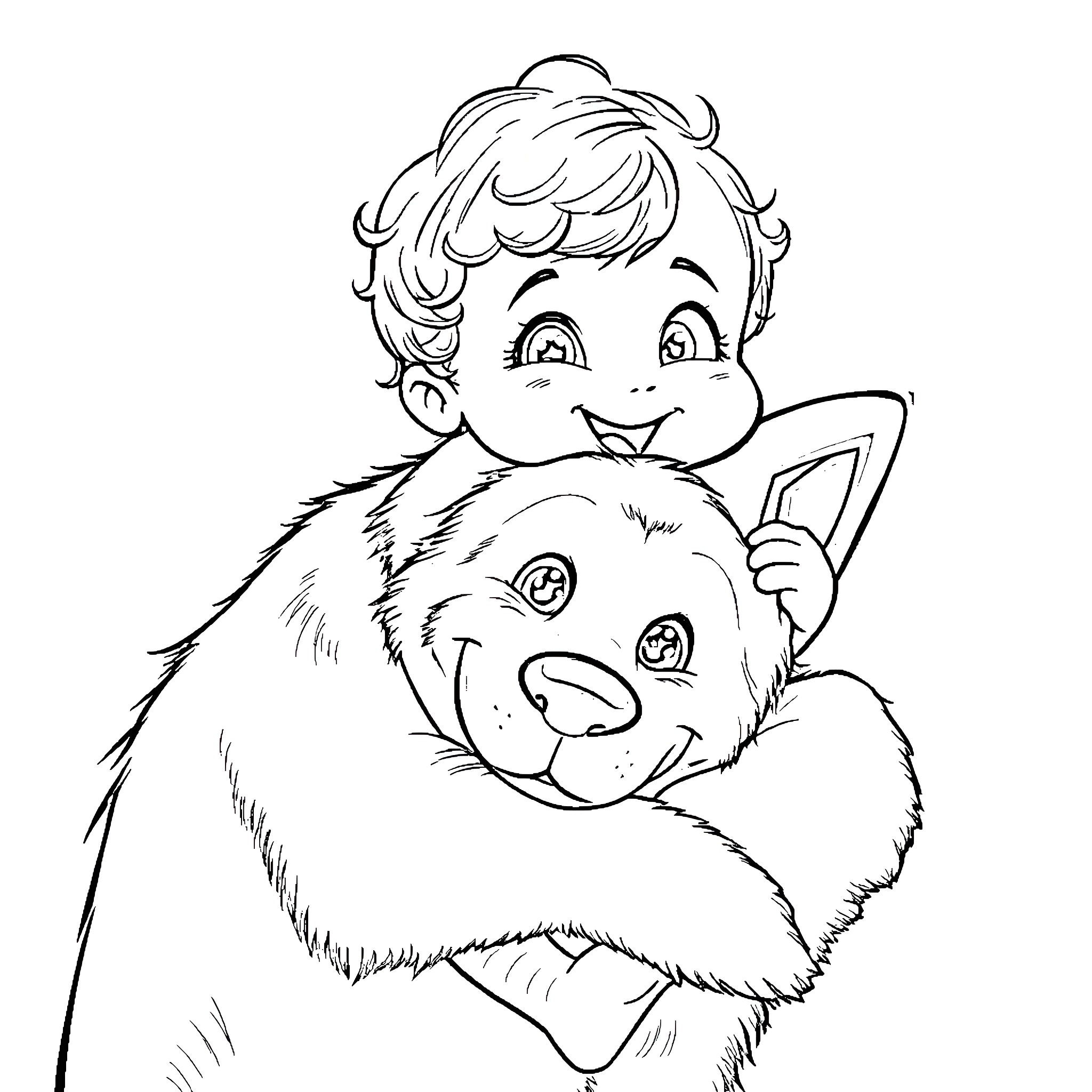 Baby hugging a furry plush toy Coloring Page (free black-and-white line drawing printable PDF for all, from beginners to advanced learners, including children, teens, adults, and seniors)