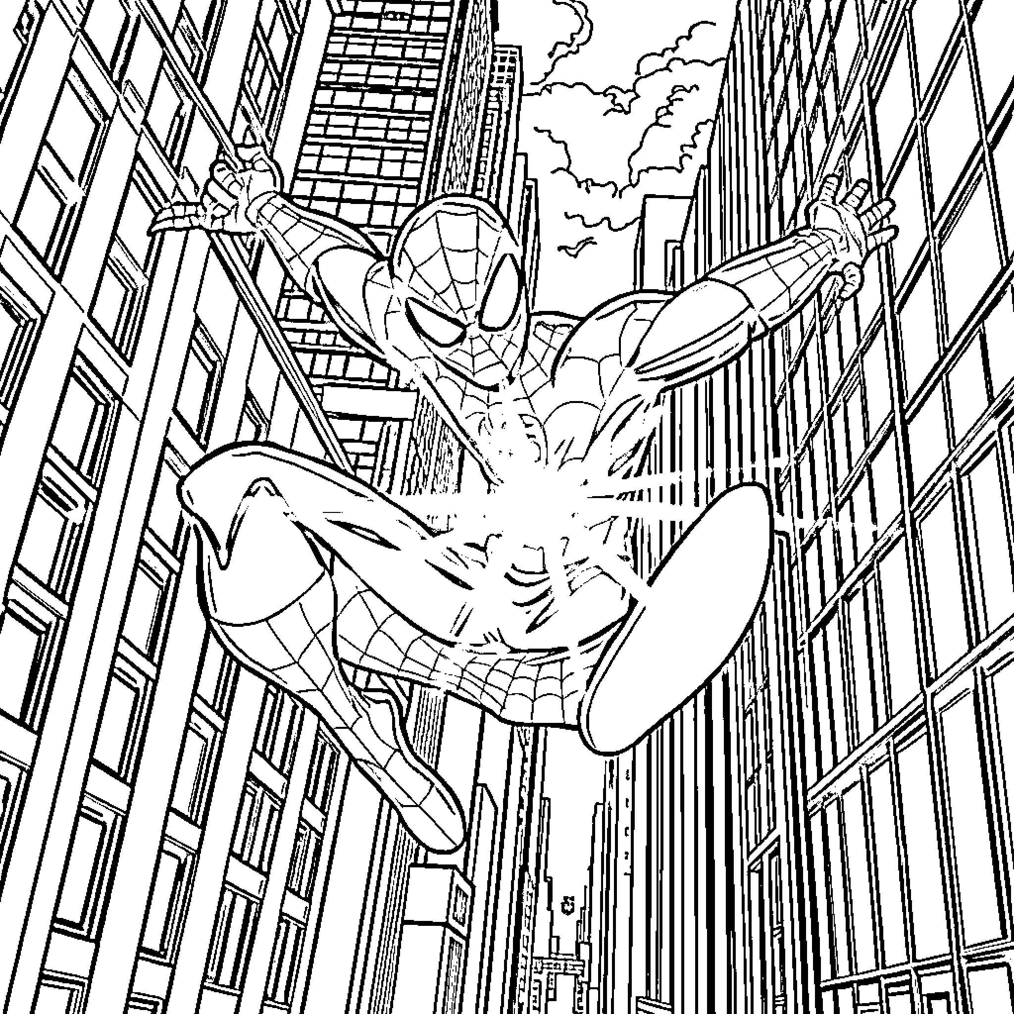 Spiderman swinging through the city in action Coloring Page (free black-and-white line drawing printable PDF for all, from beginners to advanced learners, including children, teens, adults, and seniors)