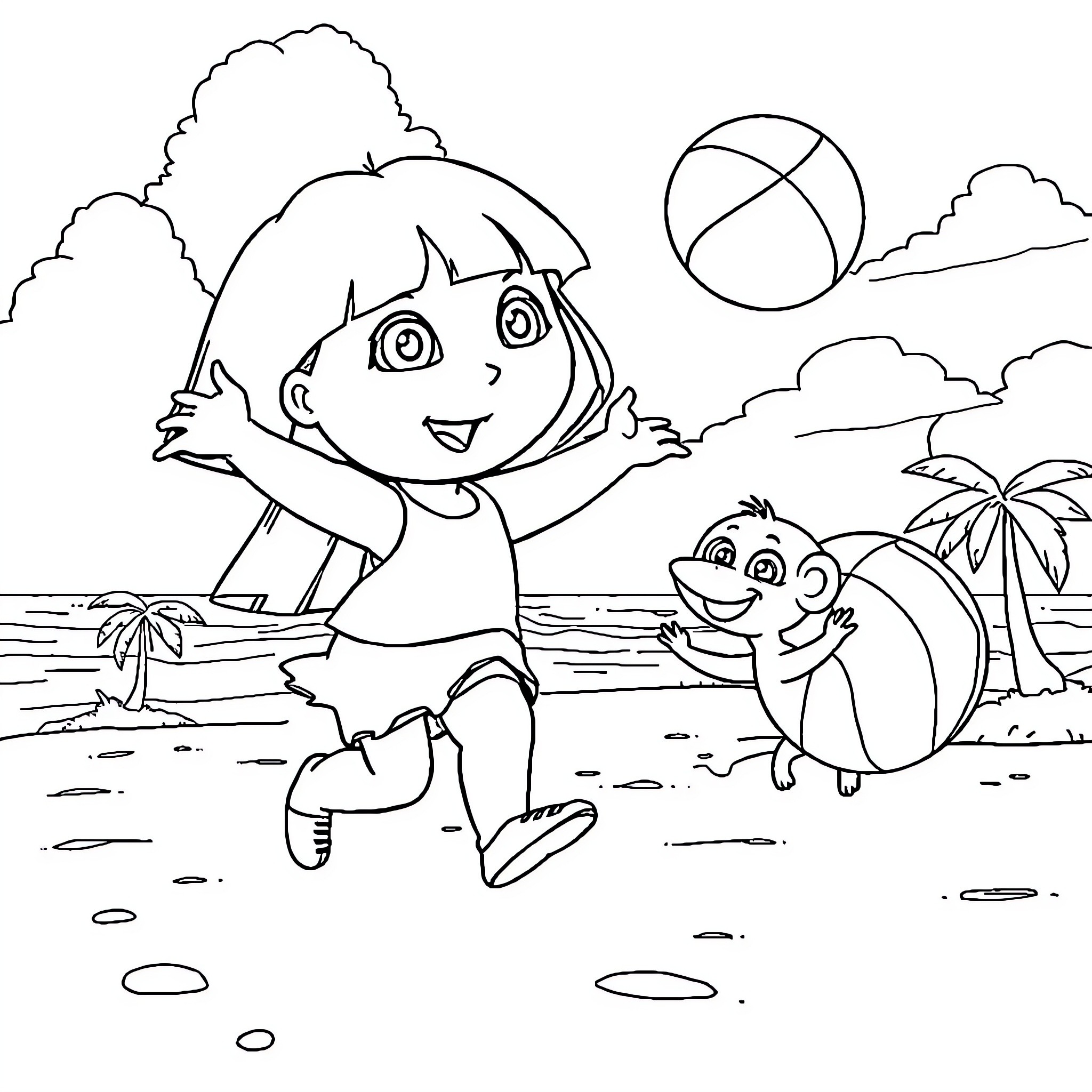 Dora playing happily on the beach with her friend Coloring Page (free black-and-white line drawing printable PDF for all, from beginners to advanced learners, including children, teens, adults, and seniors)