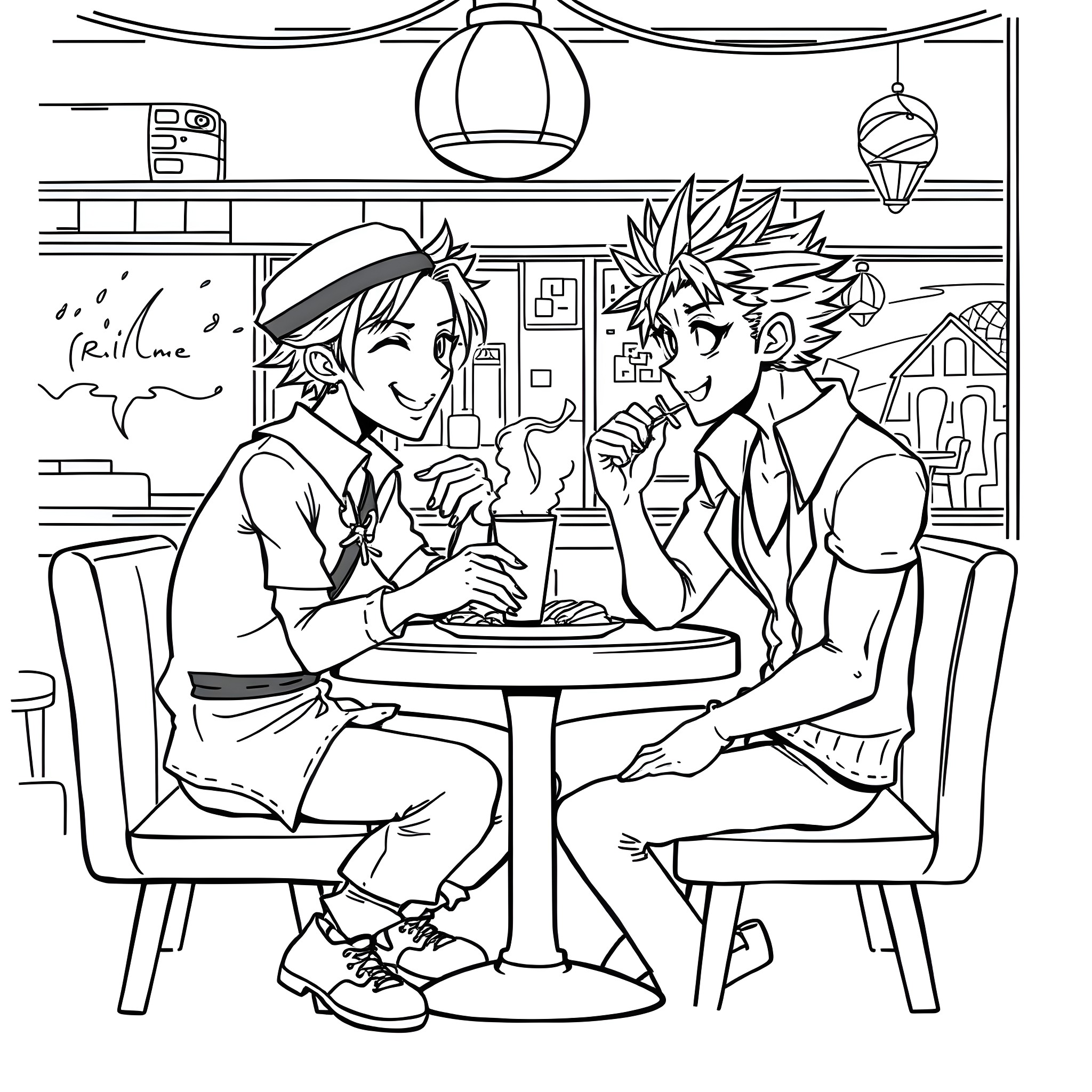 Zoro enjoying a meal with lively friends in a cozy cafe Coloring Page (free black-and-white line drawing printable PDF for all, from beginners to advanced learners, including children, teens, adults, and seniors)