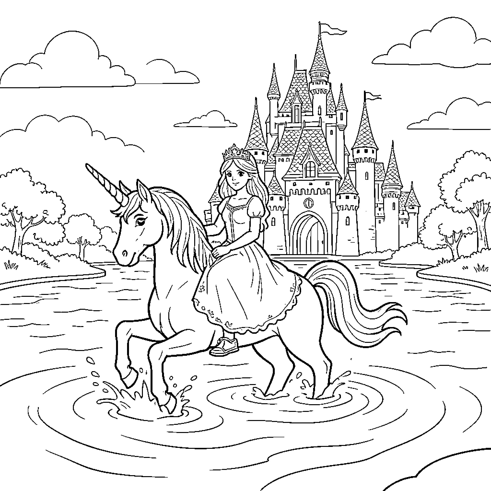 Princess riding a unicorn through a magical lake Coloring Page (free black-and-white line drawing printable PDF for all, from beginners to advanced learners, including children, teens, adults, and seniors)