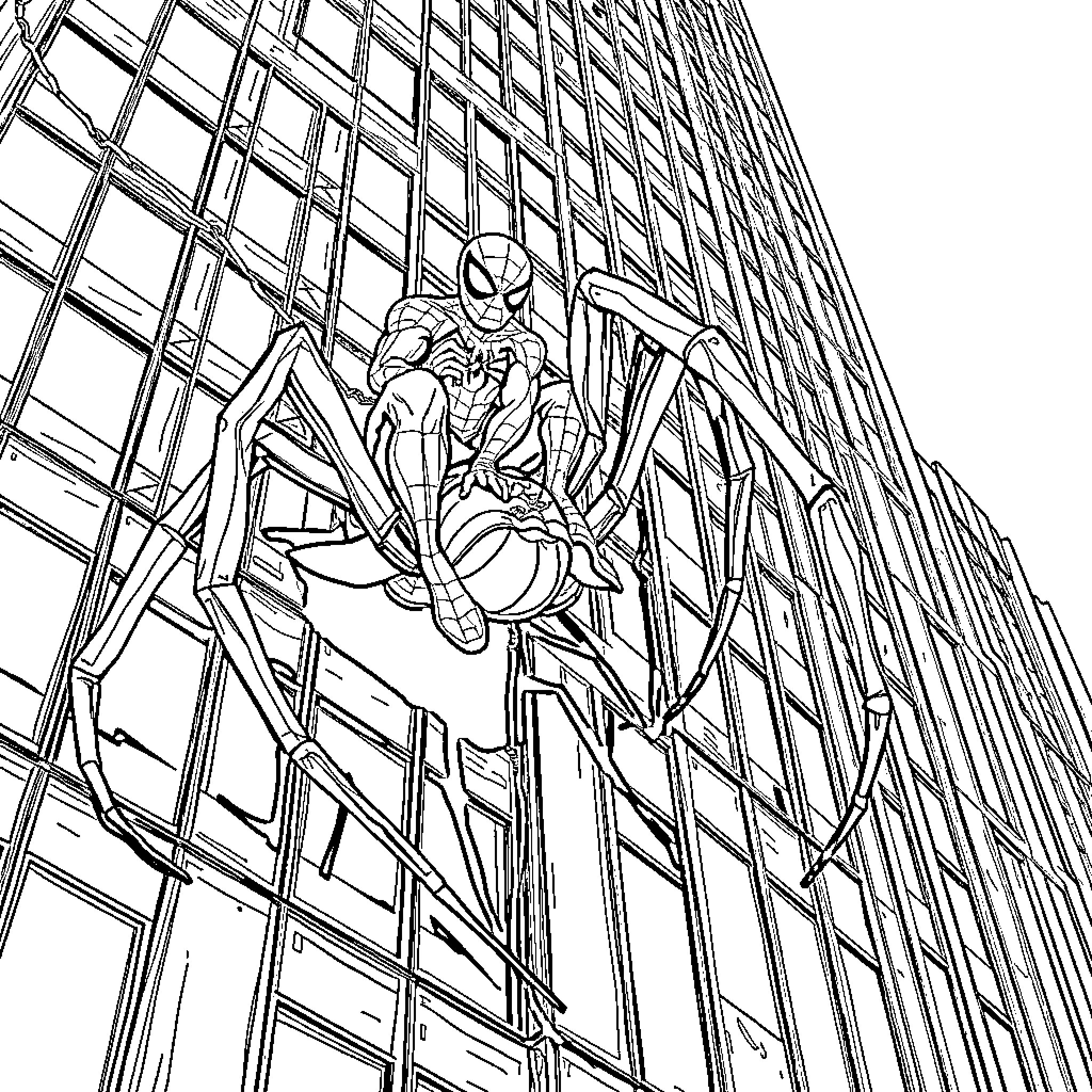 Spiderman swinging through a cityscape Coloring Page (free black-and-white line drawing printable PDF for all, from beginners to advanced learners, including children, teens, adults, and seniors)