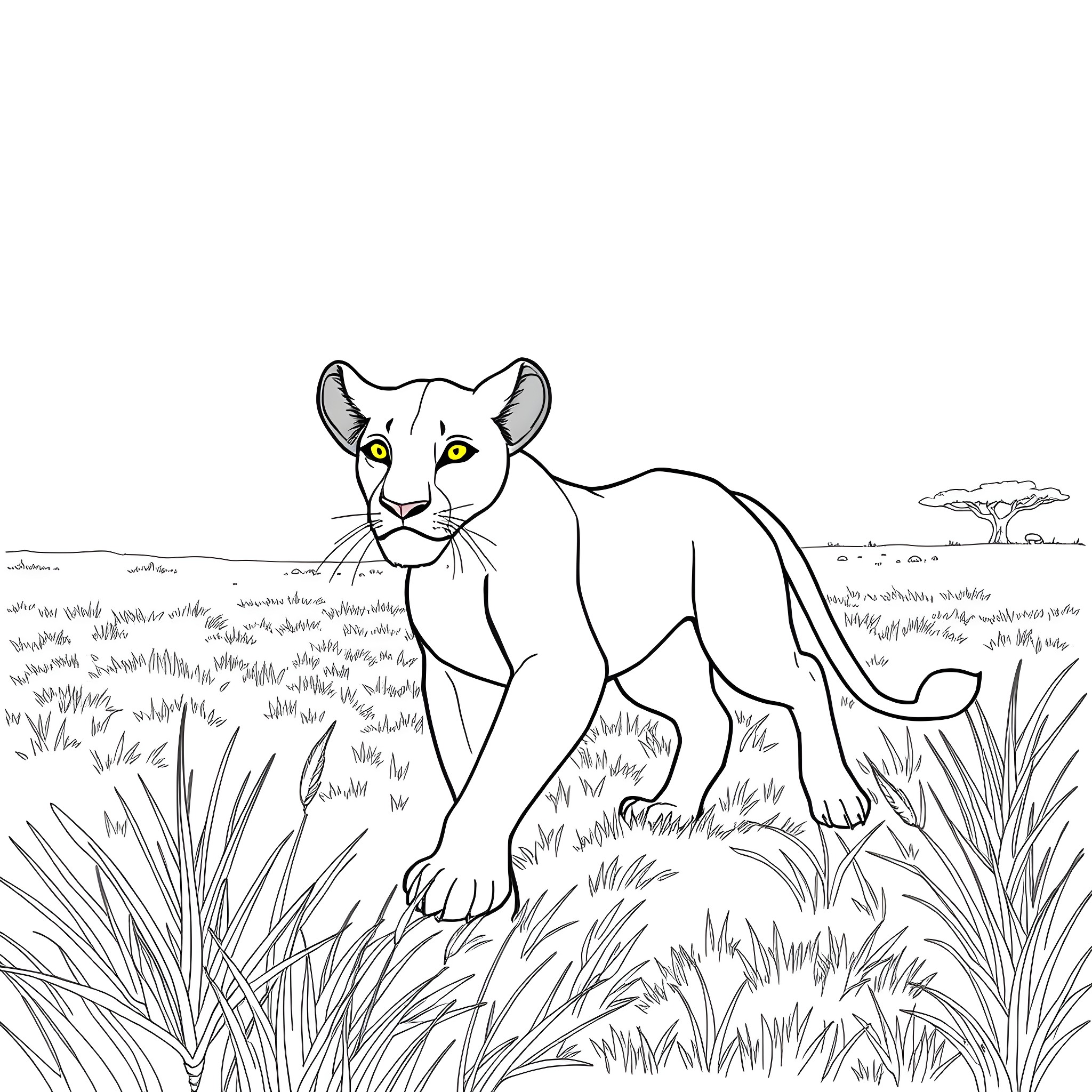 Nala the lioness exploring the savanna Coloring Page (free black-and-white line drawing printable PDF for all, from beginners to advanced learners, including children, teens, adults, and seniors)