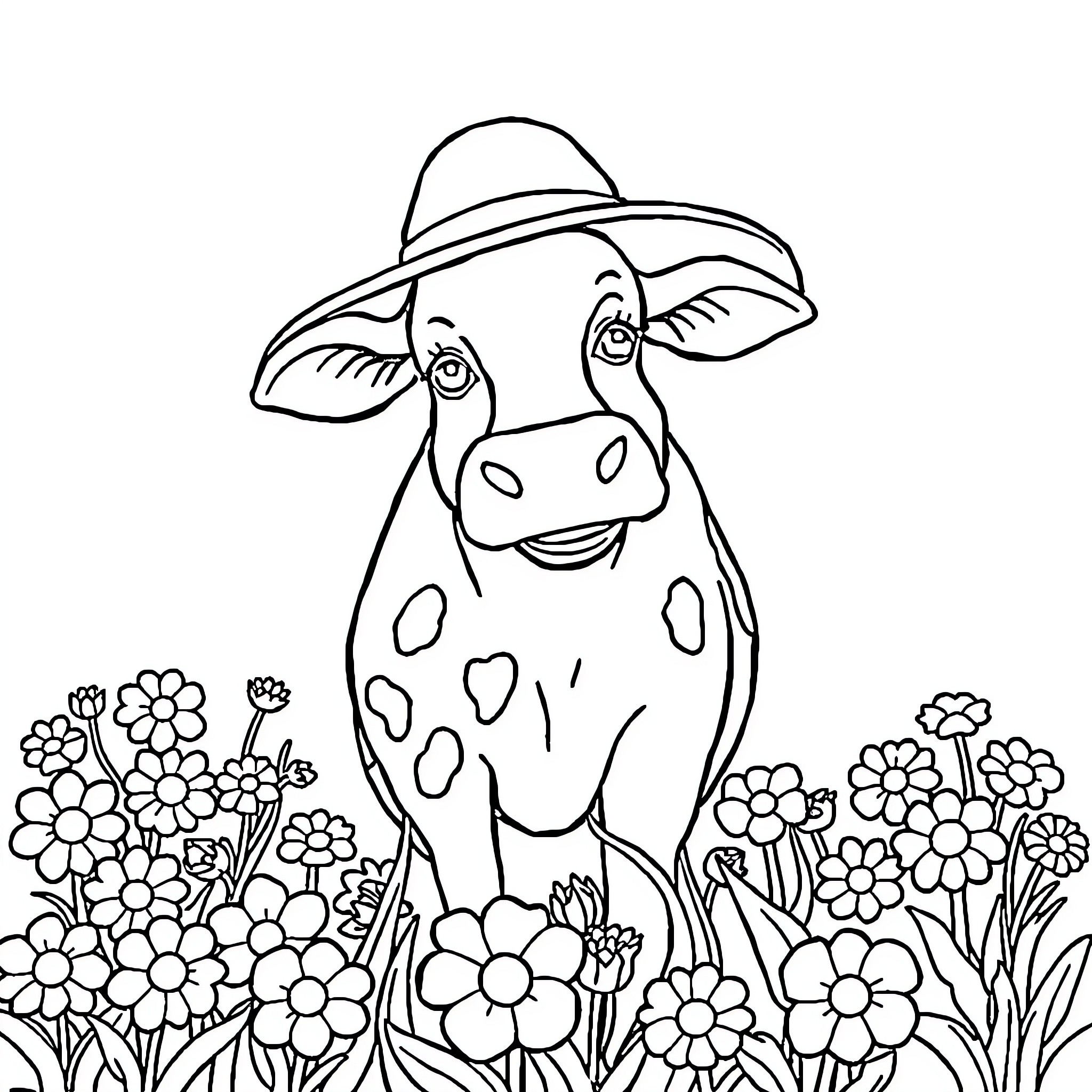 Cow wearing a hat in a floral field Coloring Page (free black-and-white line drawing printable PDF for all, from beginners to advanced learners, including children, teens, adults, and seniors)