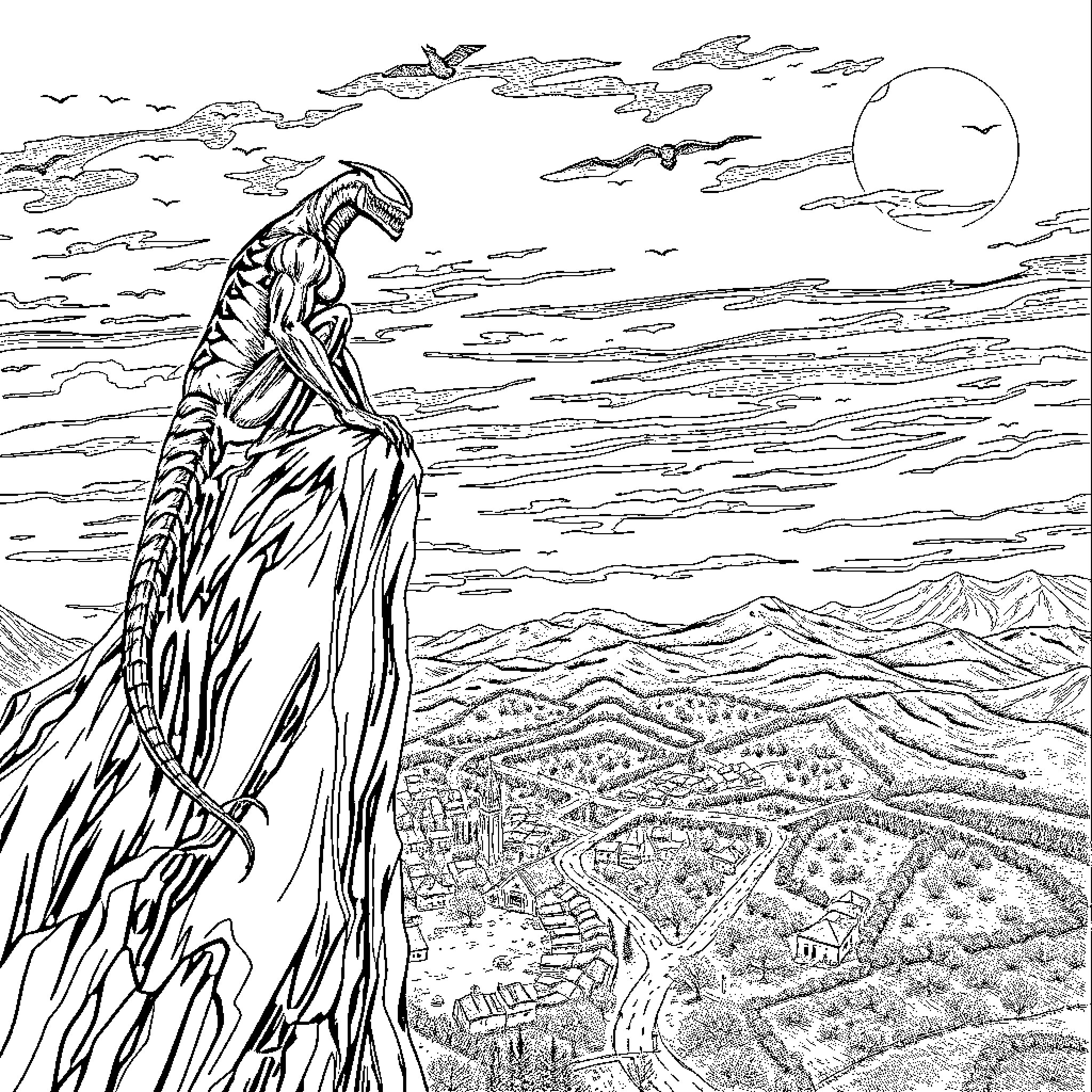 Venom Creature Surveying the Landscape Coloring Page (free black-and-white line drawing printable PDF for all, from beginners to advanced learners, including children, teens, adults, and seniors)