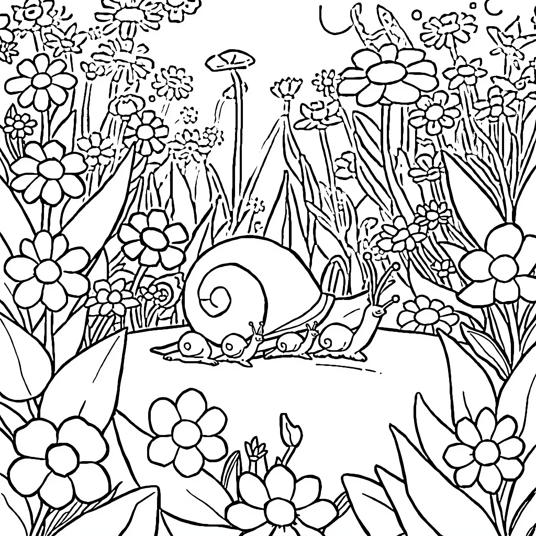 Snail exploring the enchanted garden Coloring Page (free black-and-white line drawing printable PDF for all, from beginners to advanced learners, including children, teens, adults, and seniors)