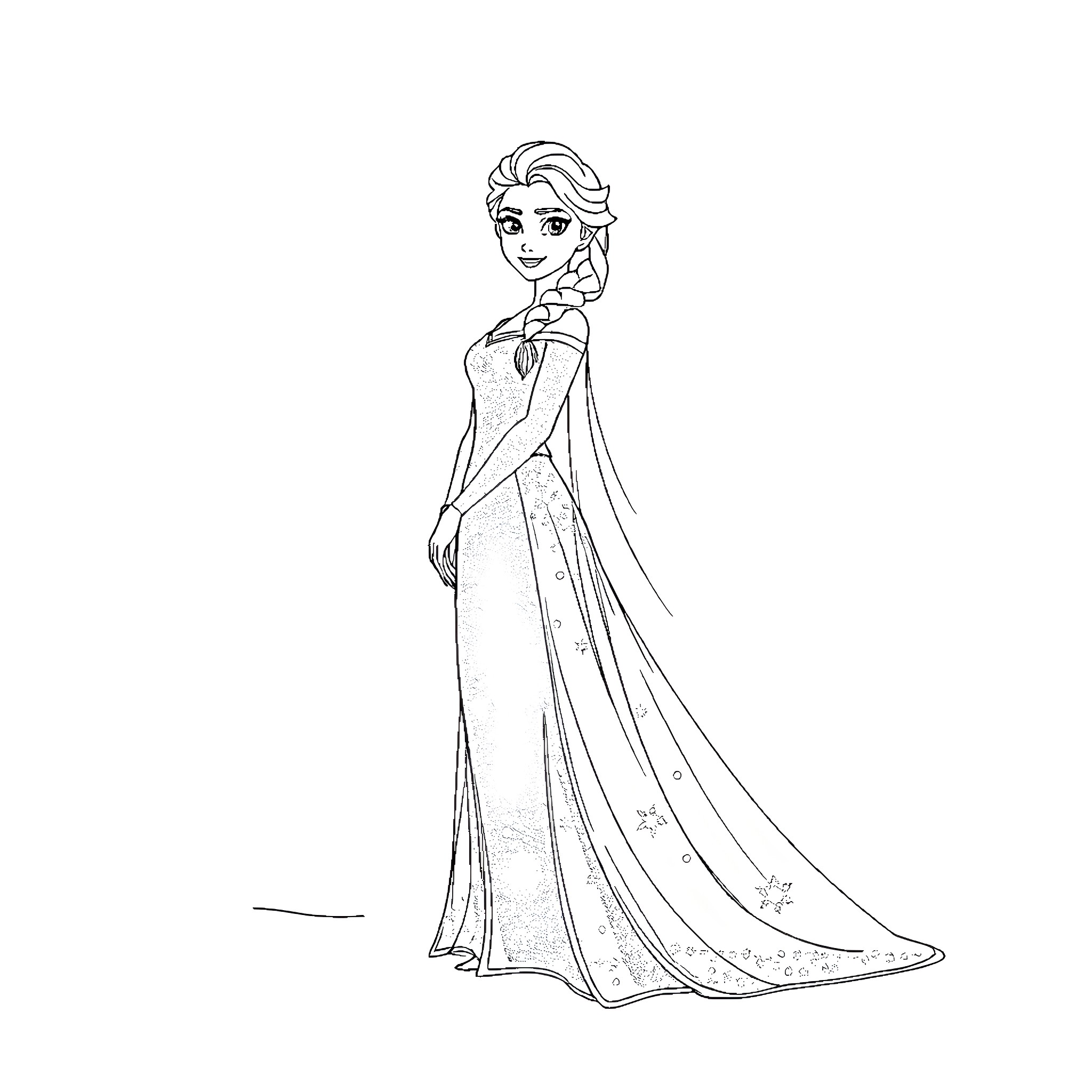 Elsa in her elegant icy dress Coloring Page (free black-and-white line drawing printable PDF for all, from beginners to advanced learners, including children, teens, adults, and seniors)