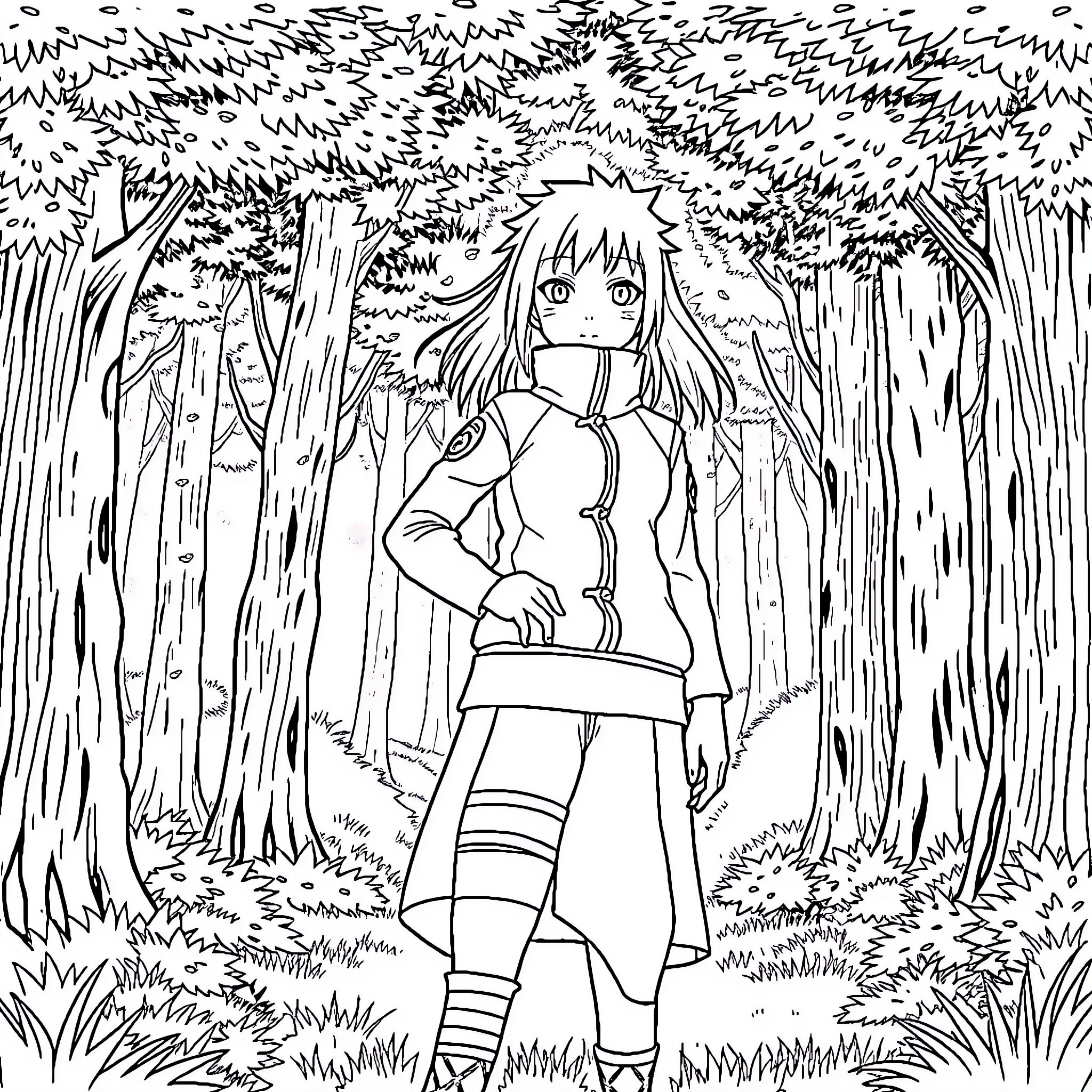 Hinata exploring the enchanted forest Coloring Page (free black-and-white line drawing printable PDF for all, from beginners to advanced learners, including children, teens, adults, and seniors)