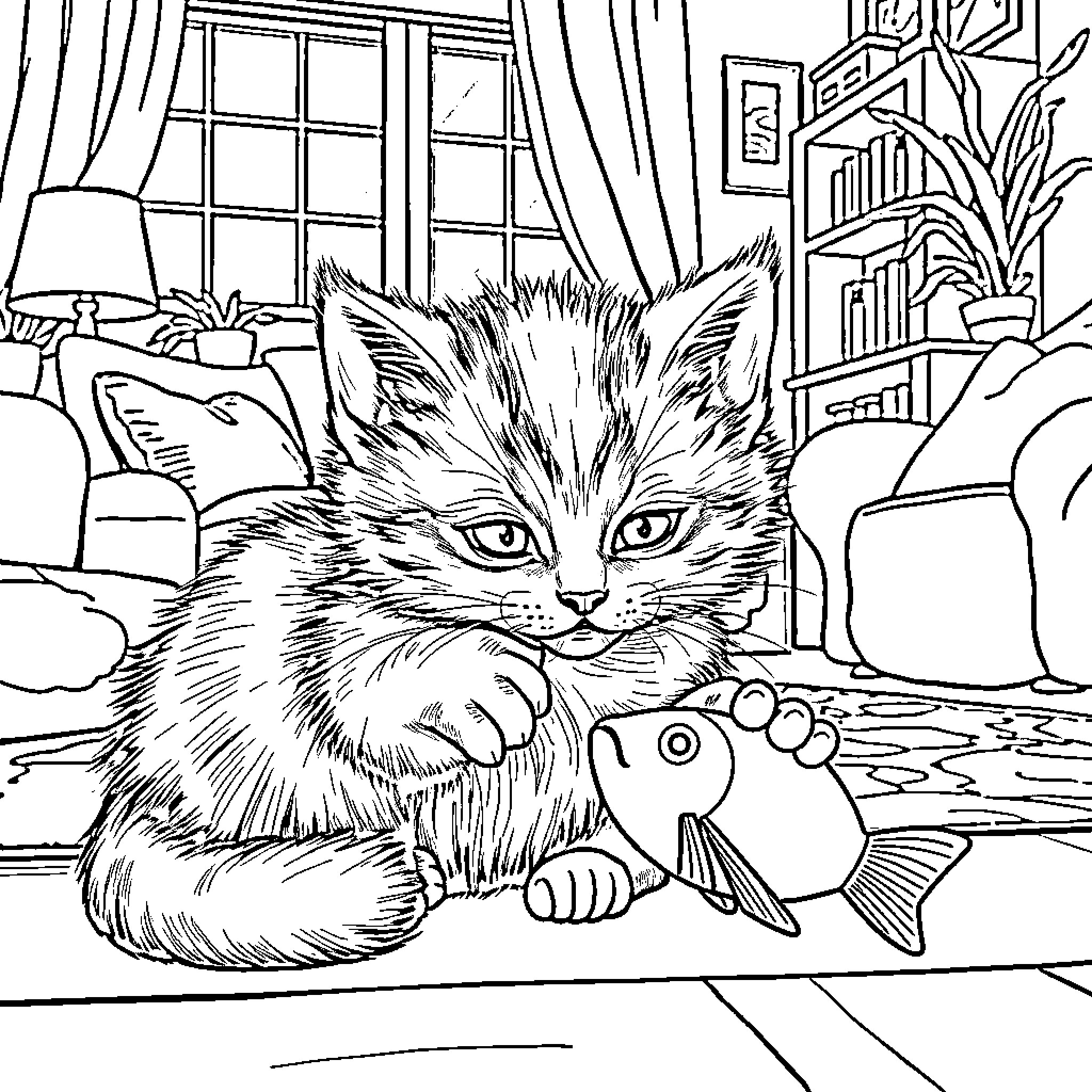 Kitten Playing with Fish in Cozy Room Coloring Page (free black-and-white line drawing printable PDF for all, from beginners to advanced learners, including children, teens, adults, and seniors)