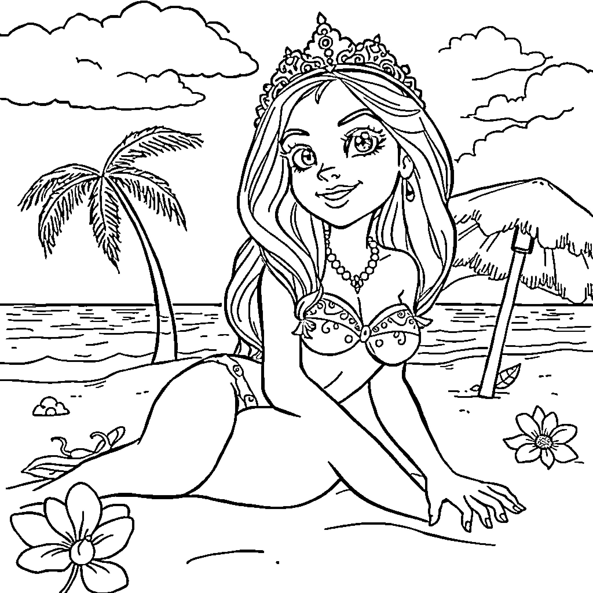 Princess Enjoying a Beachside Adventure Coloring Page (free black-and-white line drawing printable PDF for all, from beginners to advanced learners, including children, teens, adults, and seniors)