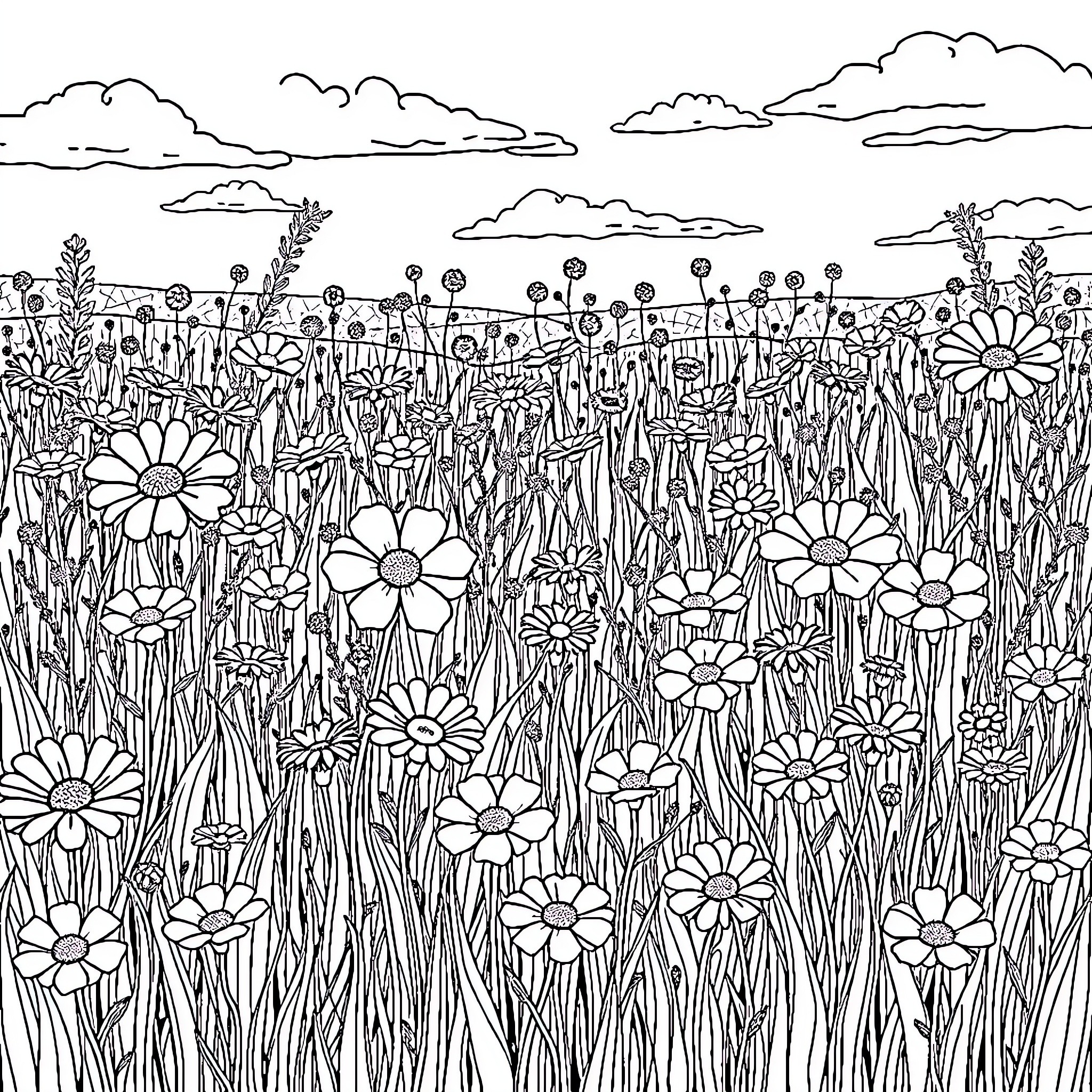 Wildflower meadow filled with blooming flowers Coloring Page (free black-and-white line drawing printable PDF for all, from beginners to advanced learners, including children, teens, adults, and seniors)