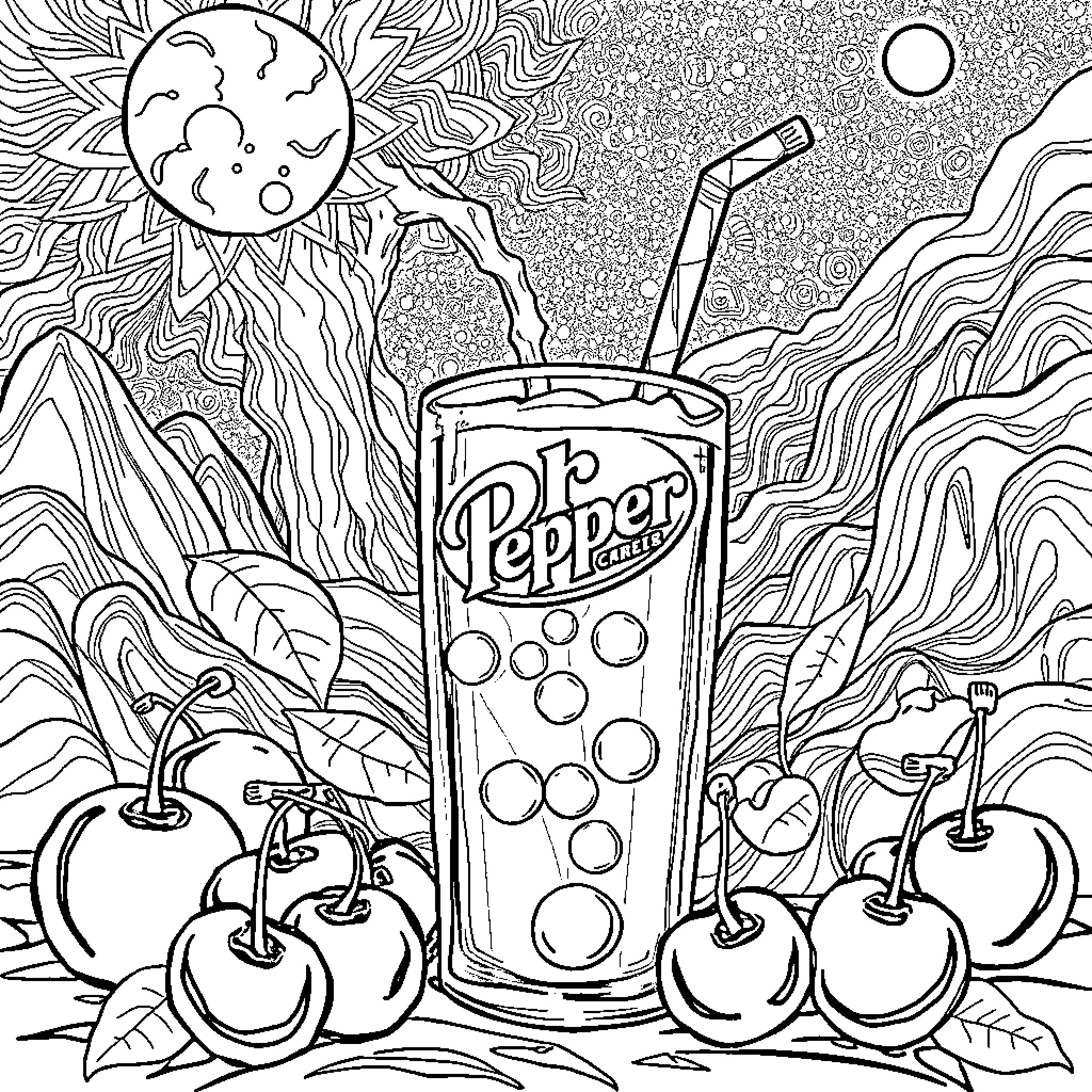 Juice World: Refreshing Beverage and Fruity Delights Coloring Page (free black-and-white line drawing printable PDF for all, from beginners to advanced learners, including children, teens, adults, and seniors)
