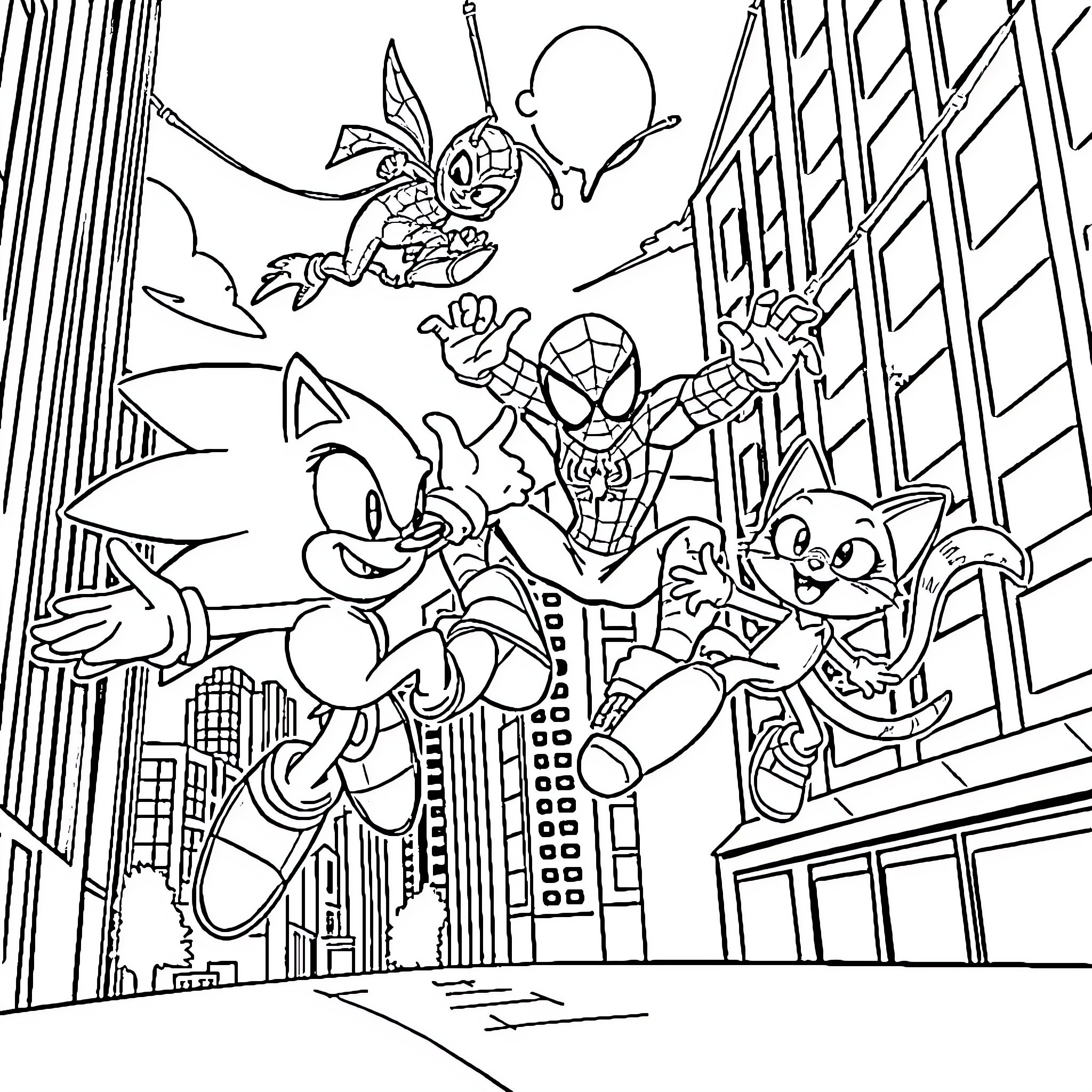 Sonic and Friends in Action-Packed City Adventure Coloring Page (free black-and-white line drawing printable PDF for all, from beginners to advanced learners, including children, teens, adults, and seniors)