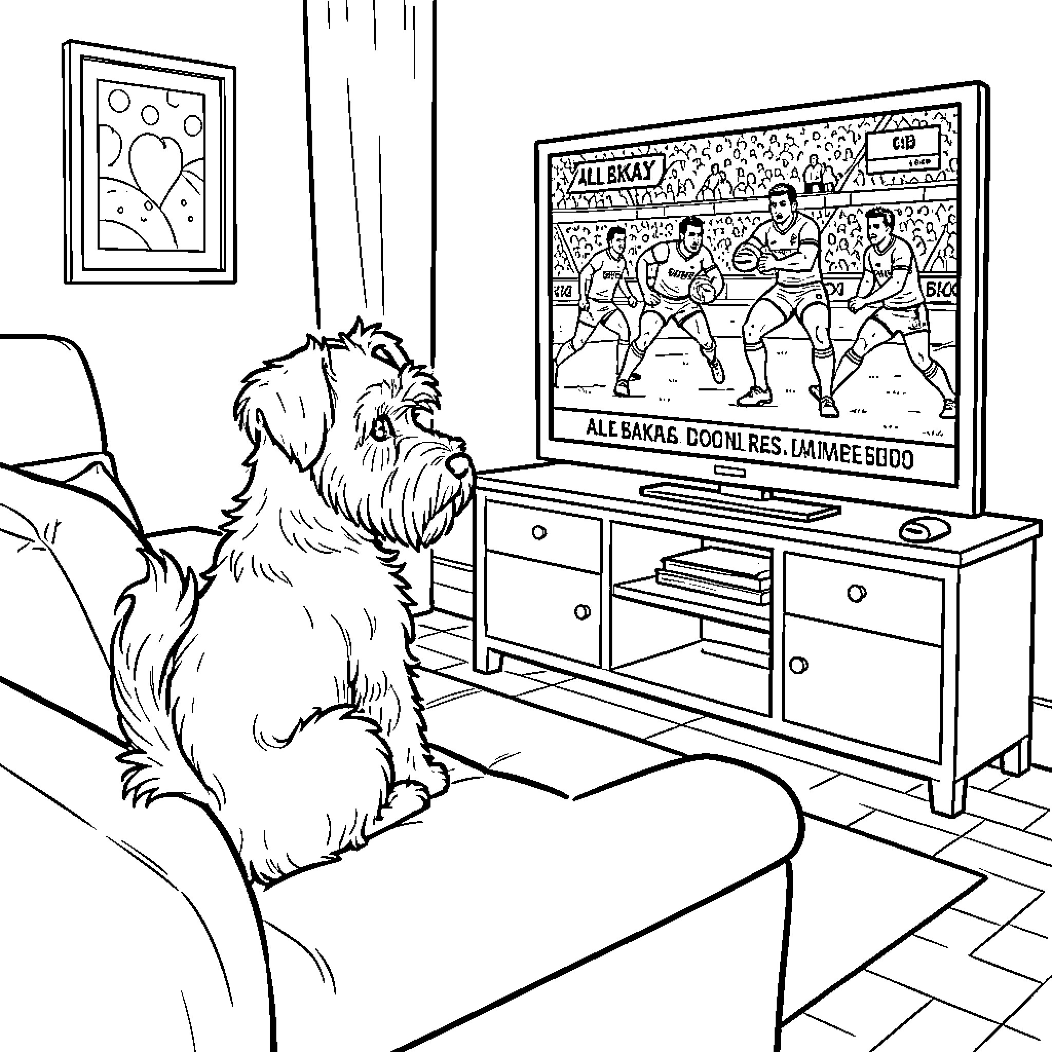 Schnauzer watching a sports game on television Coloring Page (free black-and-white line drawing printable PDF for all, from beginners to advanced learners, including children, teens, adults, and seniors)
