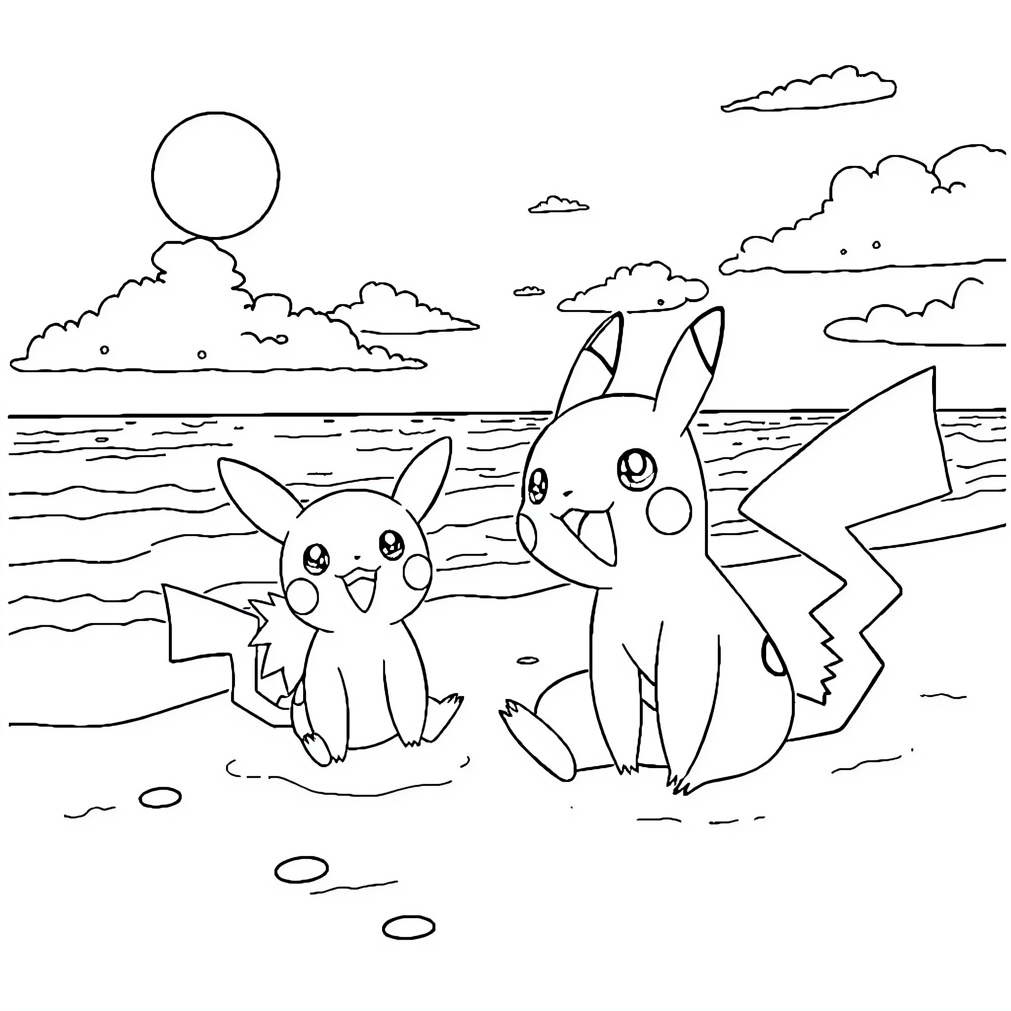 Pokémon enjoying a beach day with their friends Coloring Page (free black-and-white line drawing printable PDF for all, from beginners to advanced learners, including children, teens, adults, and seniors)