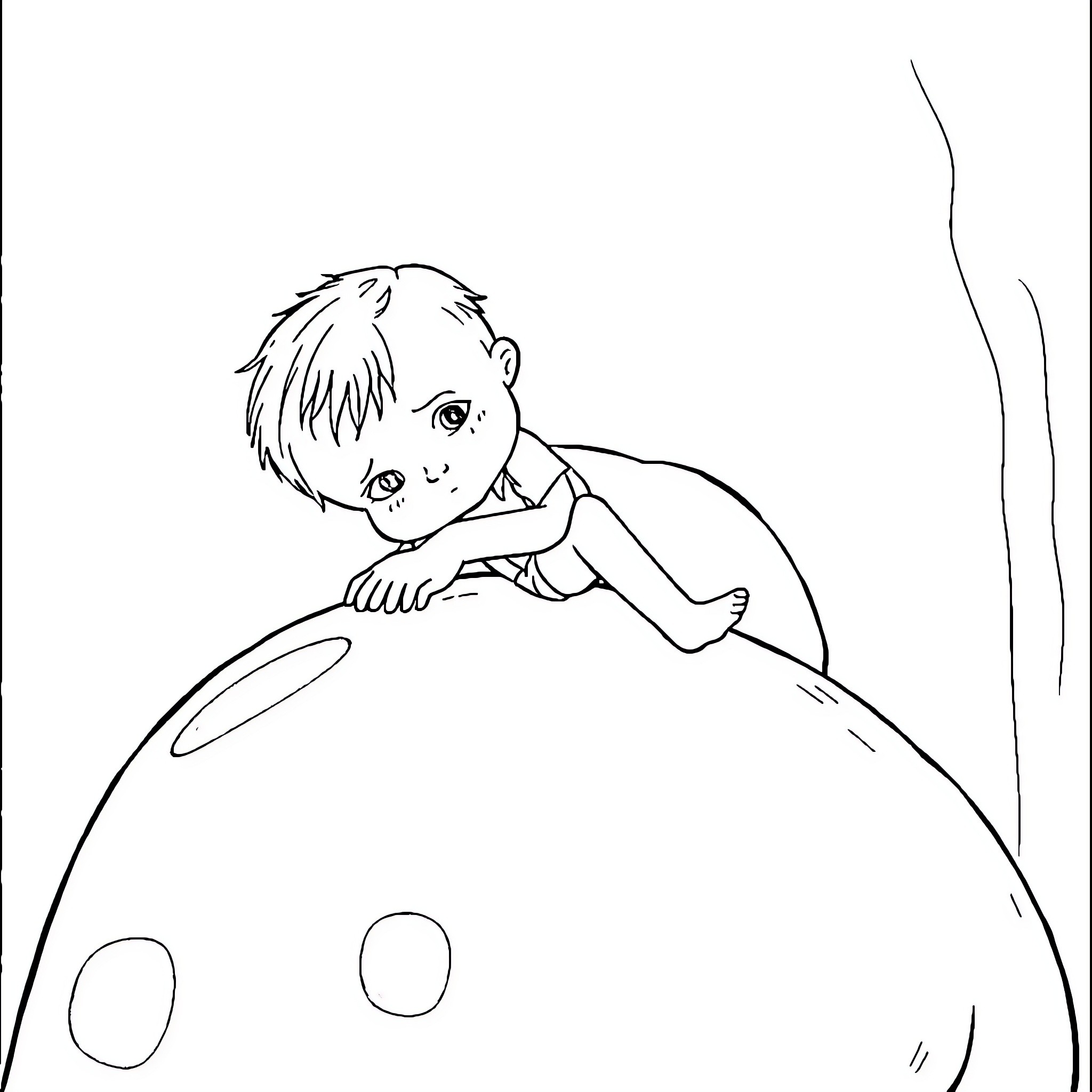 Boy explores cosmic adventure on moon-like surface Coloring Page (free black-and-white line drawing printable PDF for all, from beginners to advanced learners, including children, teens, adults, and seniors)