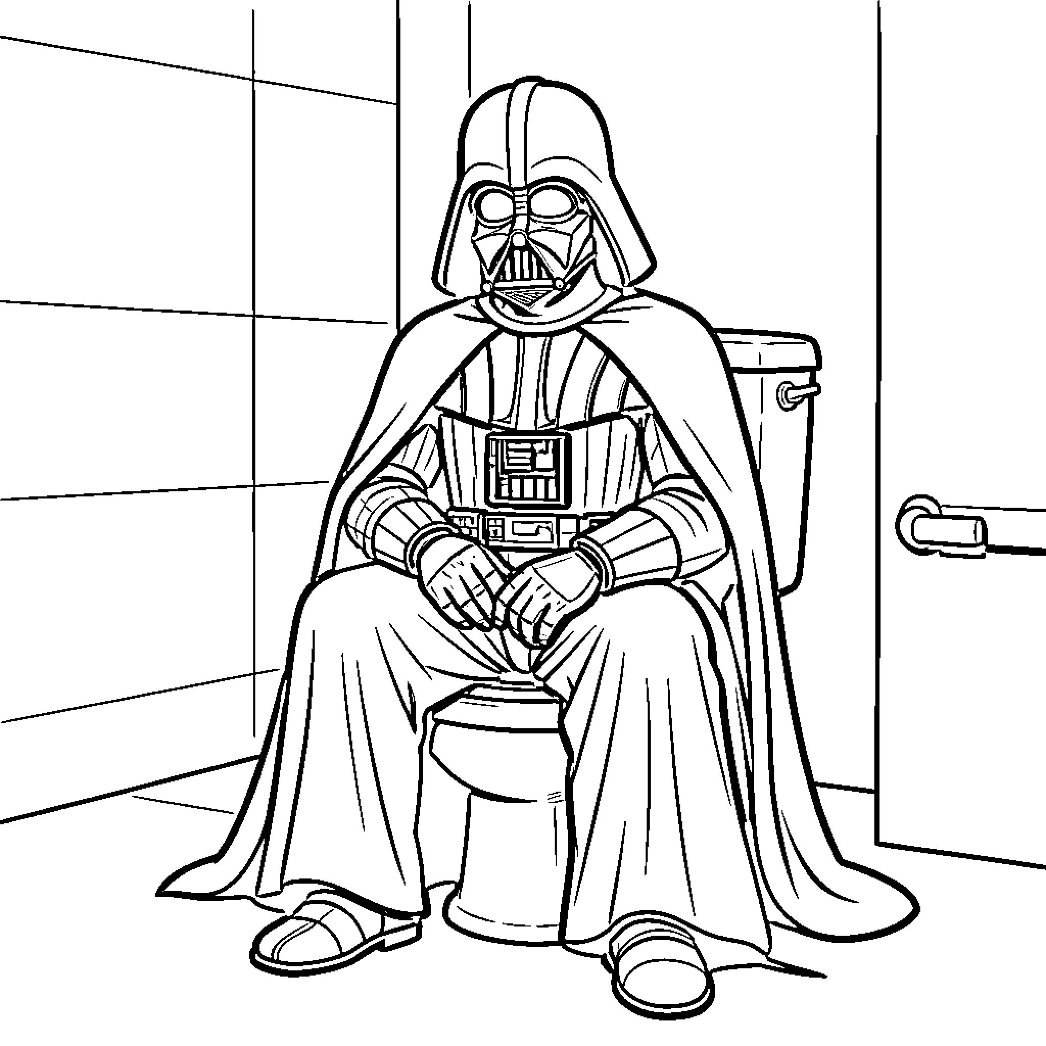 Darth Vader sitting on a toilet in a bathroom Coloring Page (free black-and-white line drawing printable PDF for all, from beginners to advanced learners, including children, teens, adults, and seniors)