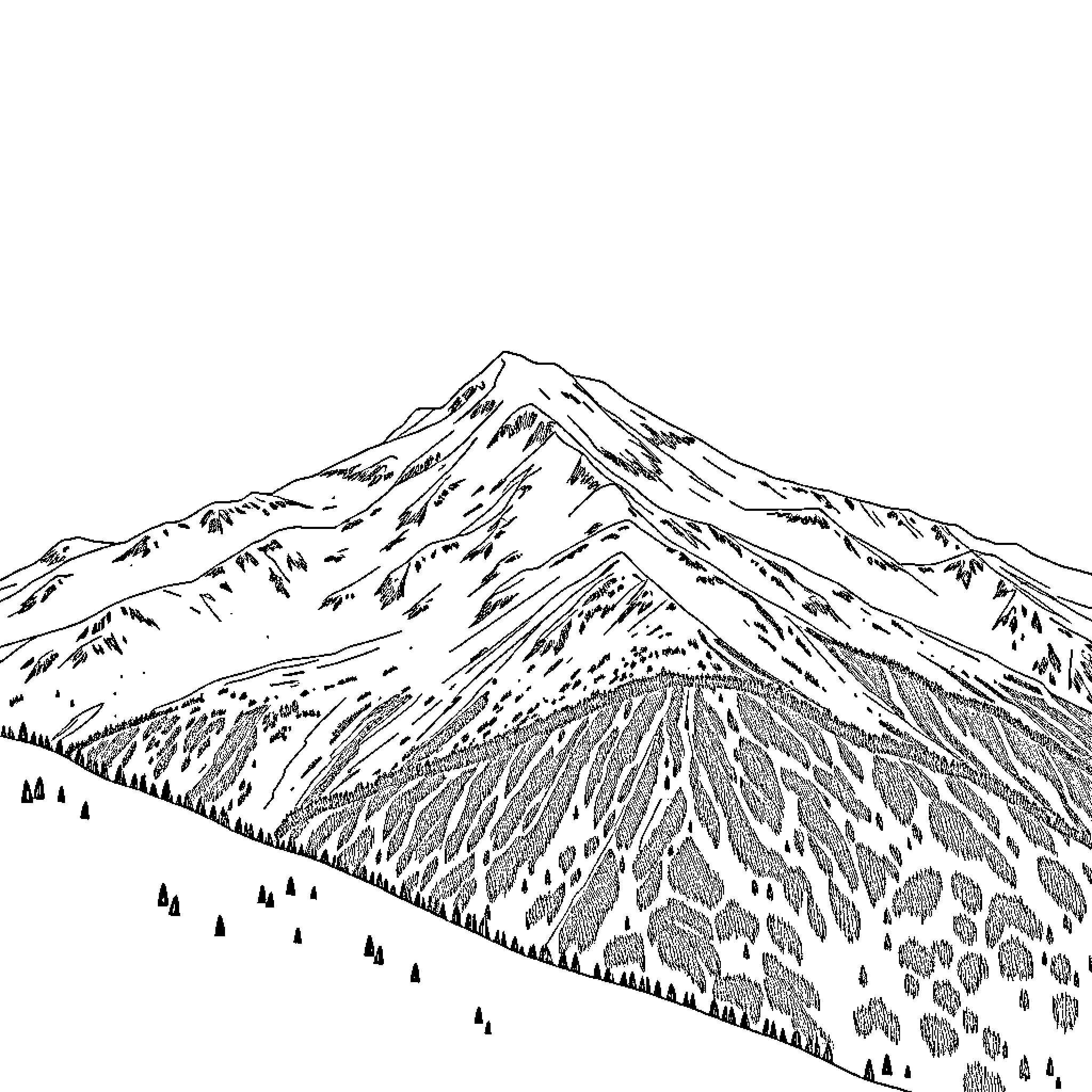 Mountain Landscape with Snowy Peak Coloring Page (free black-and-white line drawing printable PDF for all, from beginners to advanced learners, including children, teens, adults, and seniors)