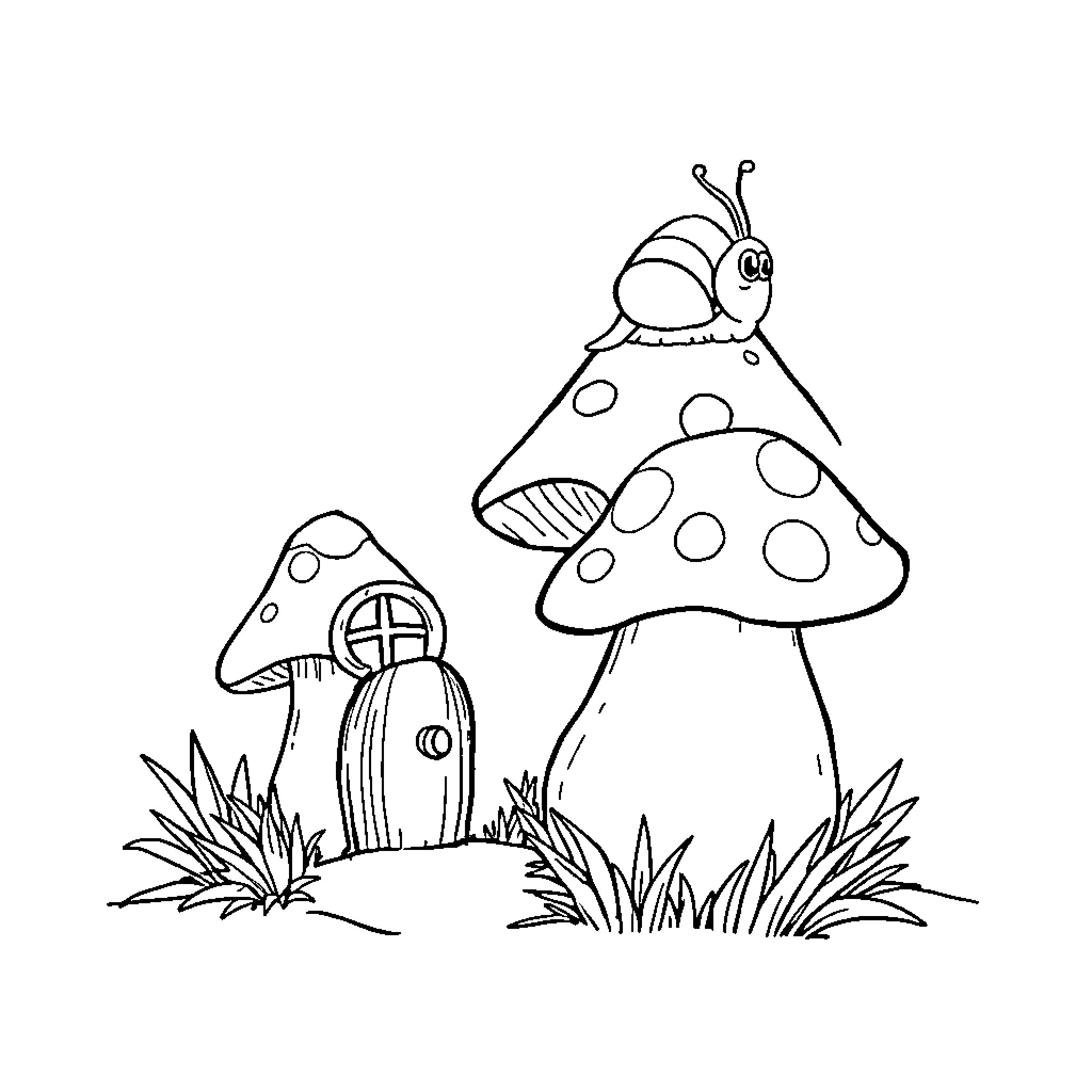 Mushroom house and creature in a fantasy garden Coloring Page (free black-and-white line drawing printable PDF for all, from beginners to advanced learners, including children, teens, adults, and seniors)
