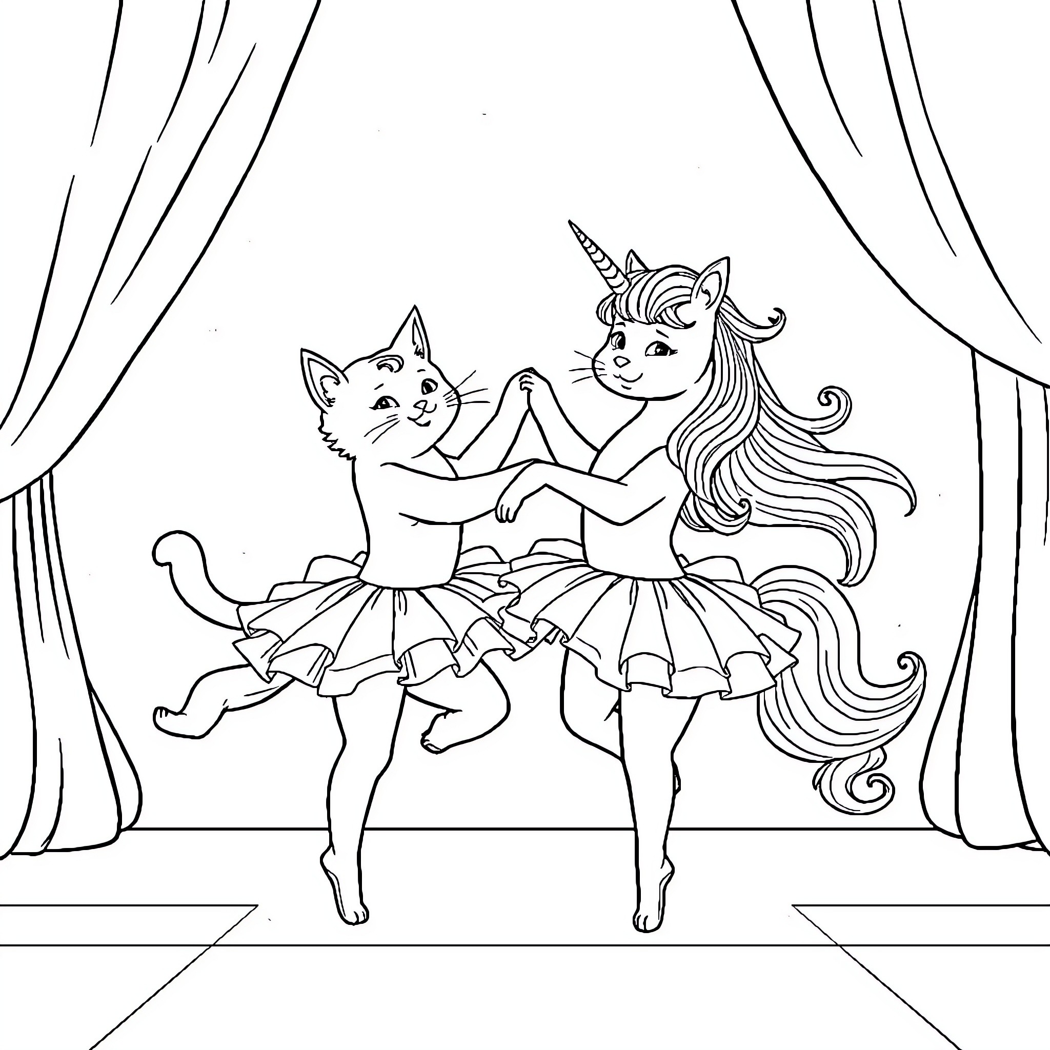 Cat and unicorn dancing on stage Coloring Page (free black-and-white line drawing printable PDF for all, from beginners to advanced learners, including children, teens, adults, and seniors)