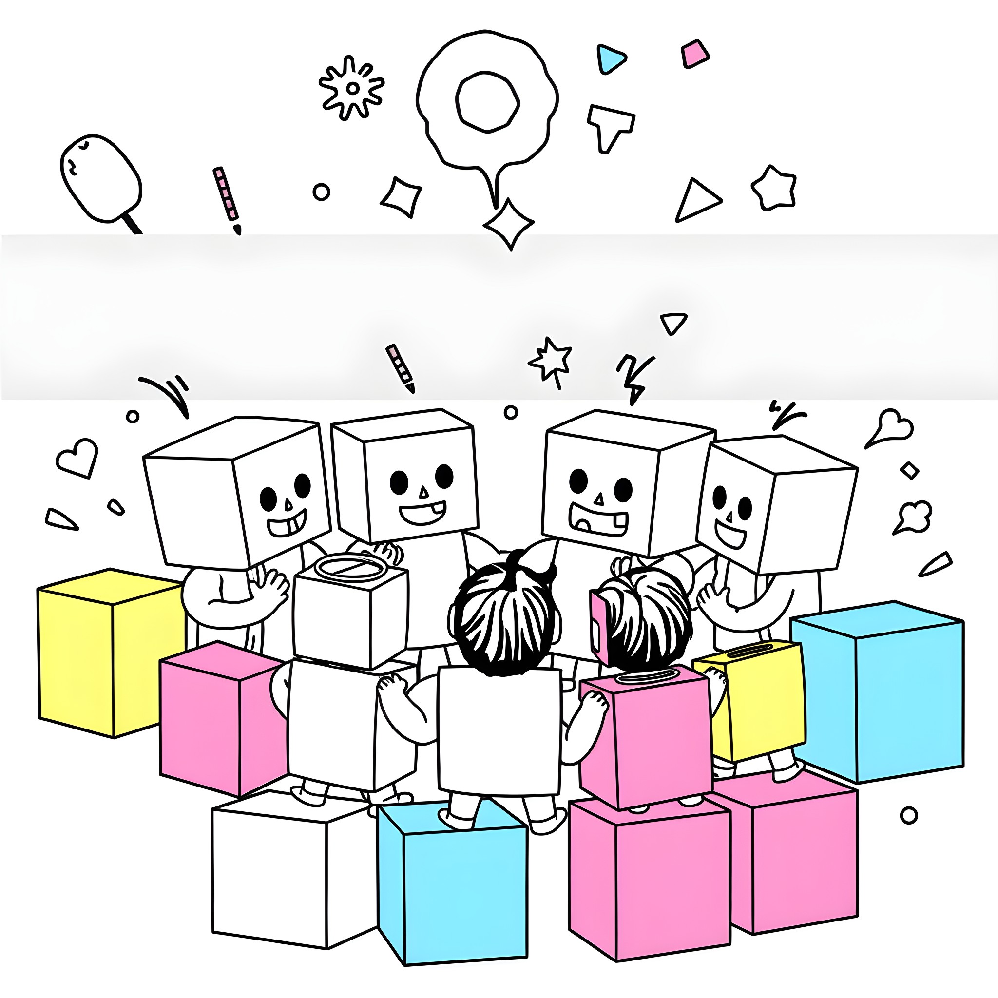Numberblocks playing with shapes and each other Coloring Page (free black-and-white line drawing printable PDF for all, from beginners to advanced learners, including children, teens, adults, and seniors)
