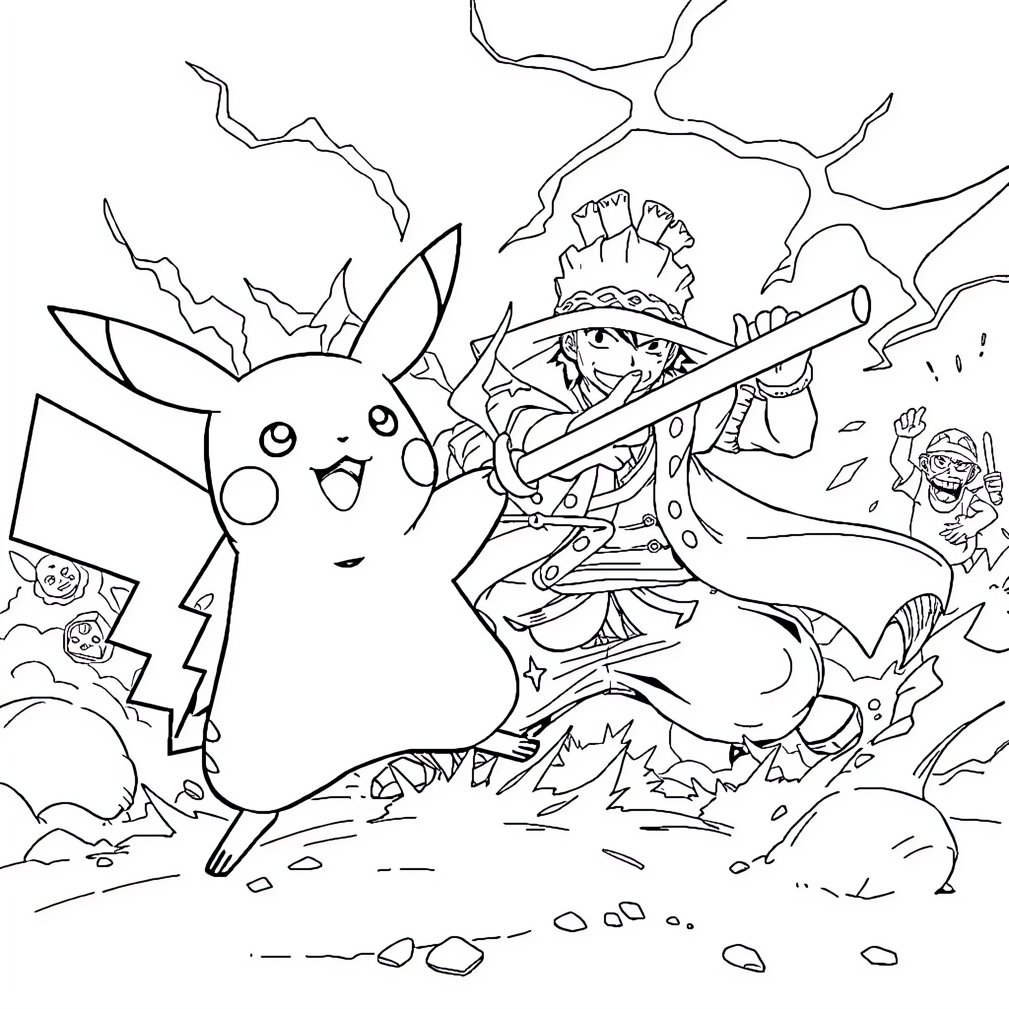 Pikachu battling alongside warrior in epic fantasy scene Coloring Page (free black-and-white line drawing printable PDF for all, from beginners to advanced learners, including children, teens, adults, and seniors)