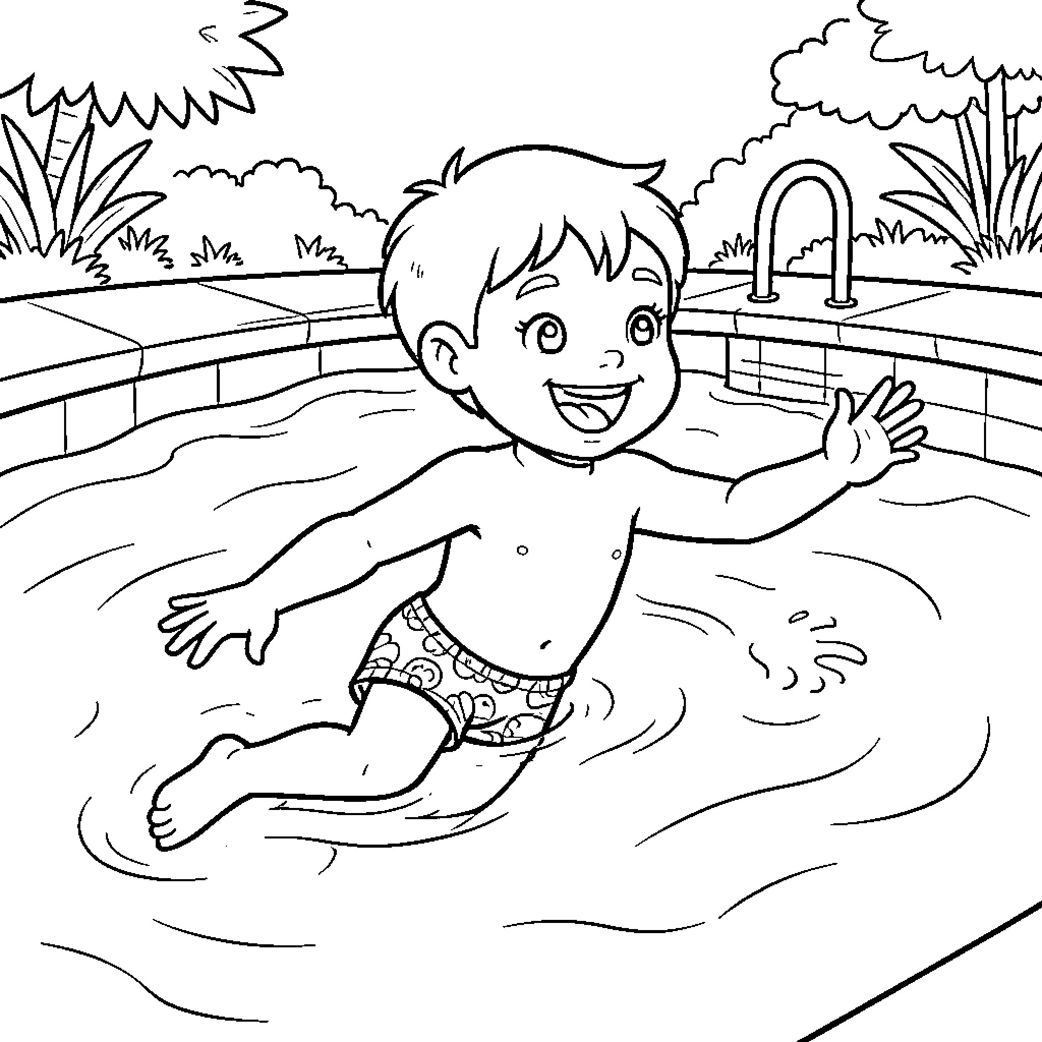 Niño playing happily in the swimming pool Coloring Page (free black-and-white line drawing printable PDF for all, from beginners to advanced learners, including children, teens, adults, and seniors)