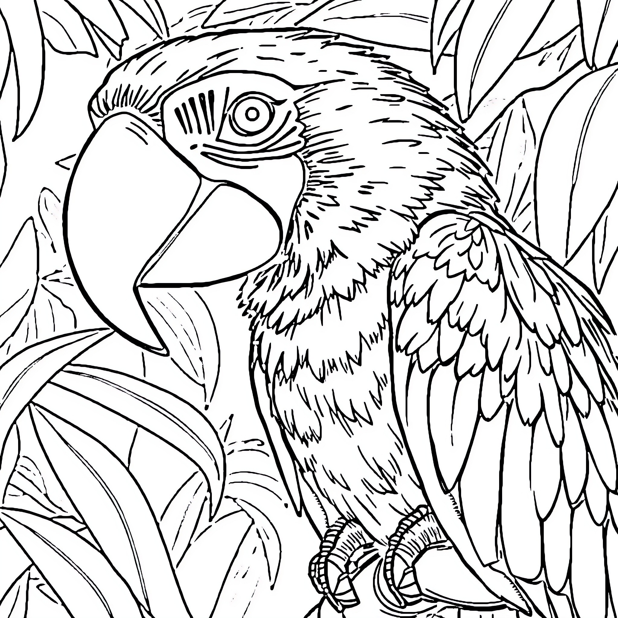 Eduardo the Parrot in the Lush Jungle Coloring Page (free black-and-white line drawing printable PDF for all, from beginners to advanced learners, including children, teens, adults, and seniors)