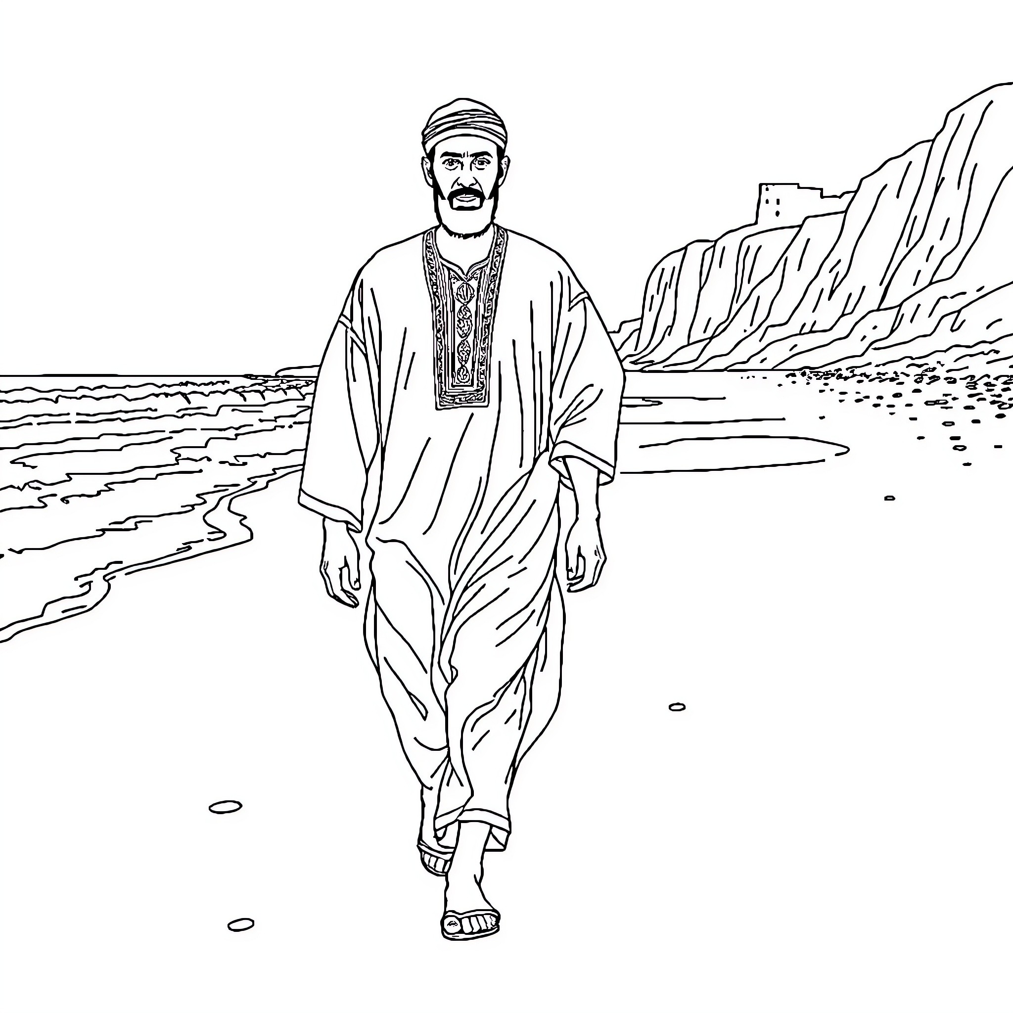Homme walking along the shore of a desert landscape Coloring Page (free black-and-white line drawing printable PDF for all, from beginners to advanced learners, including children, teens, adults, and seniors)