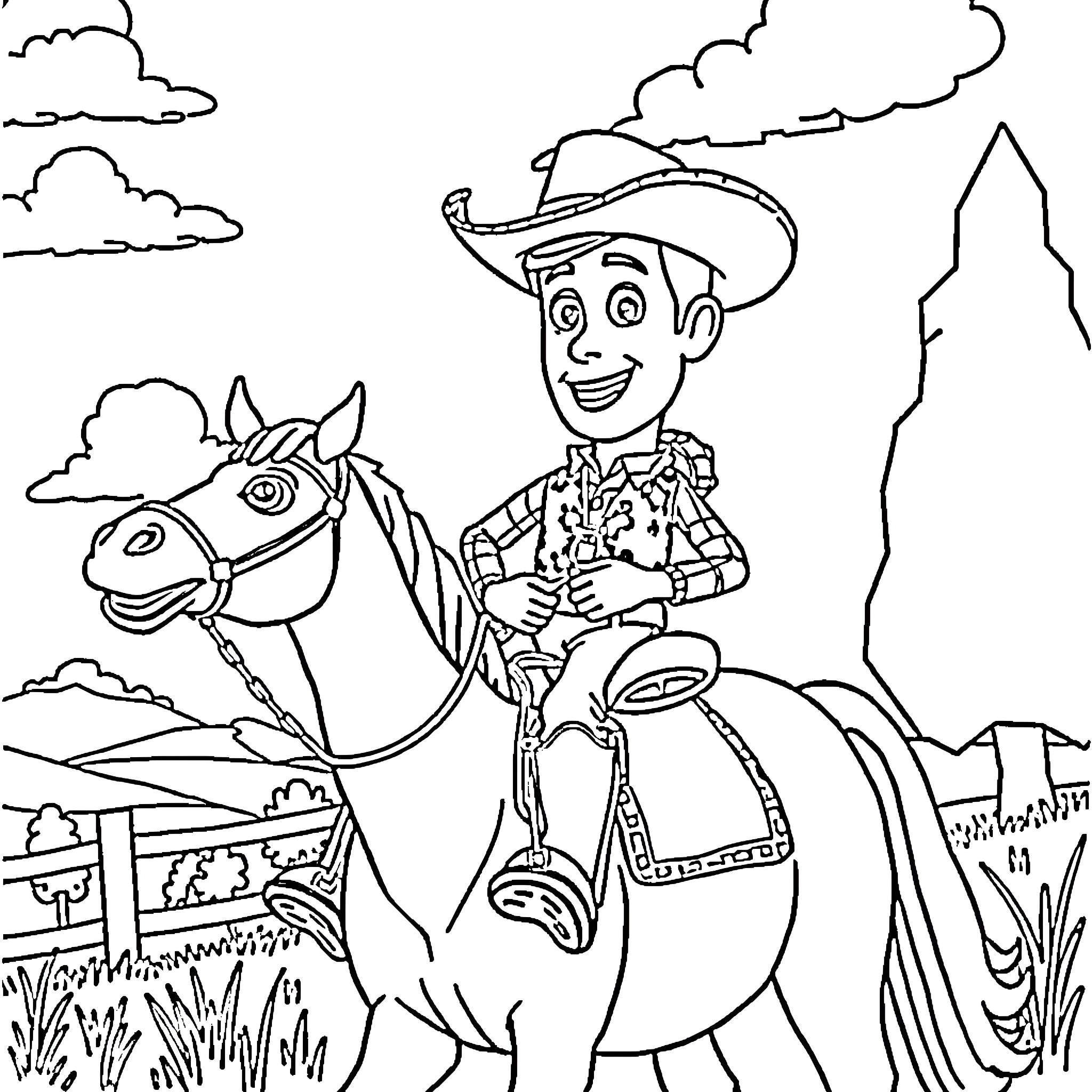 Woody riding a horse with a happy expression Coloring Page (free black-and-white line drawing printable PDF for all, from beginners to advanced learners, including children, teens, adults, and seniors)