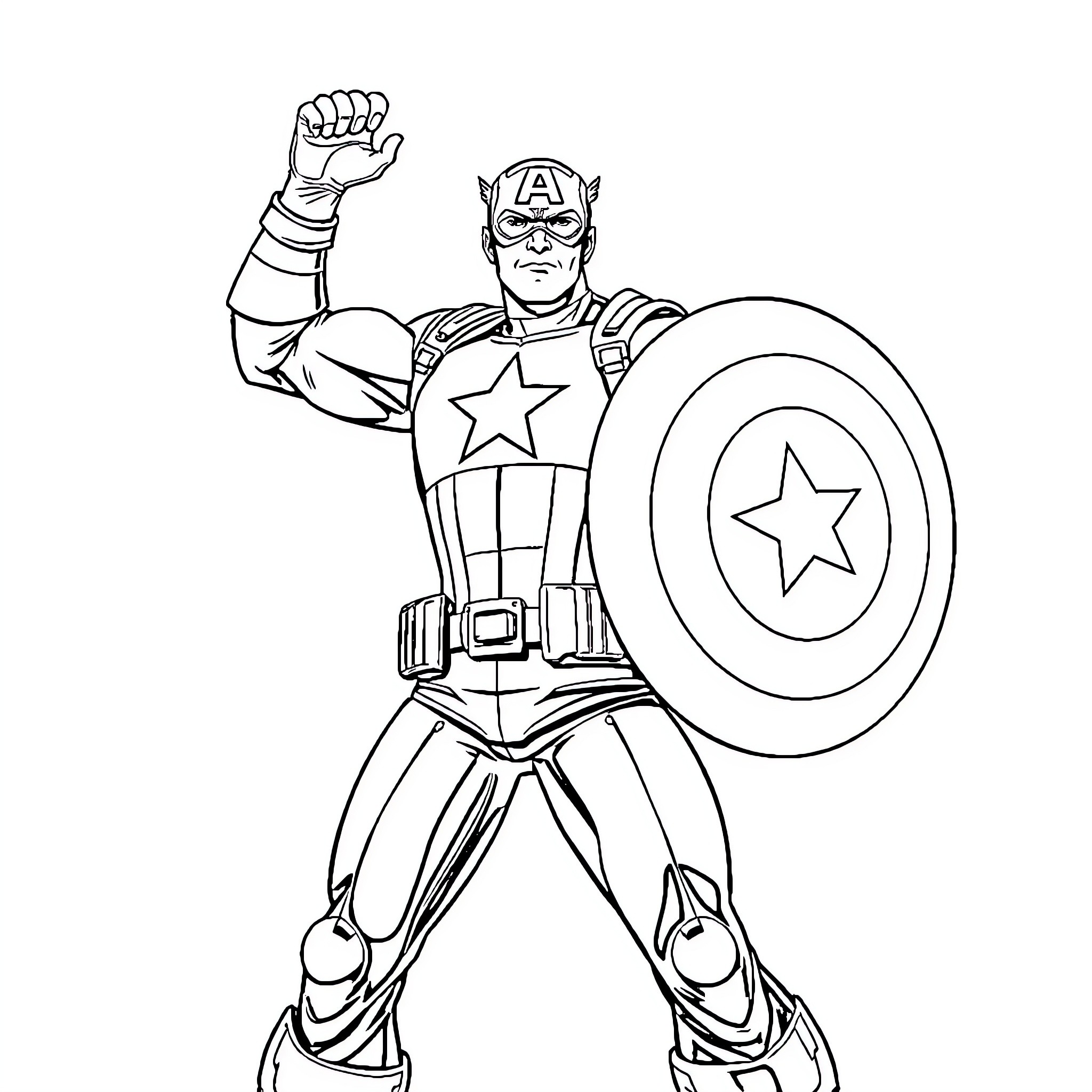 Captain America in heroic battle pose Coloring Page (free black-and-white line drawing printable PDF for all, from beginners to advanced learners, including children, teens, adults, and seniors)