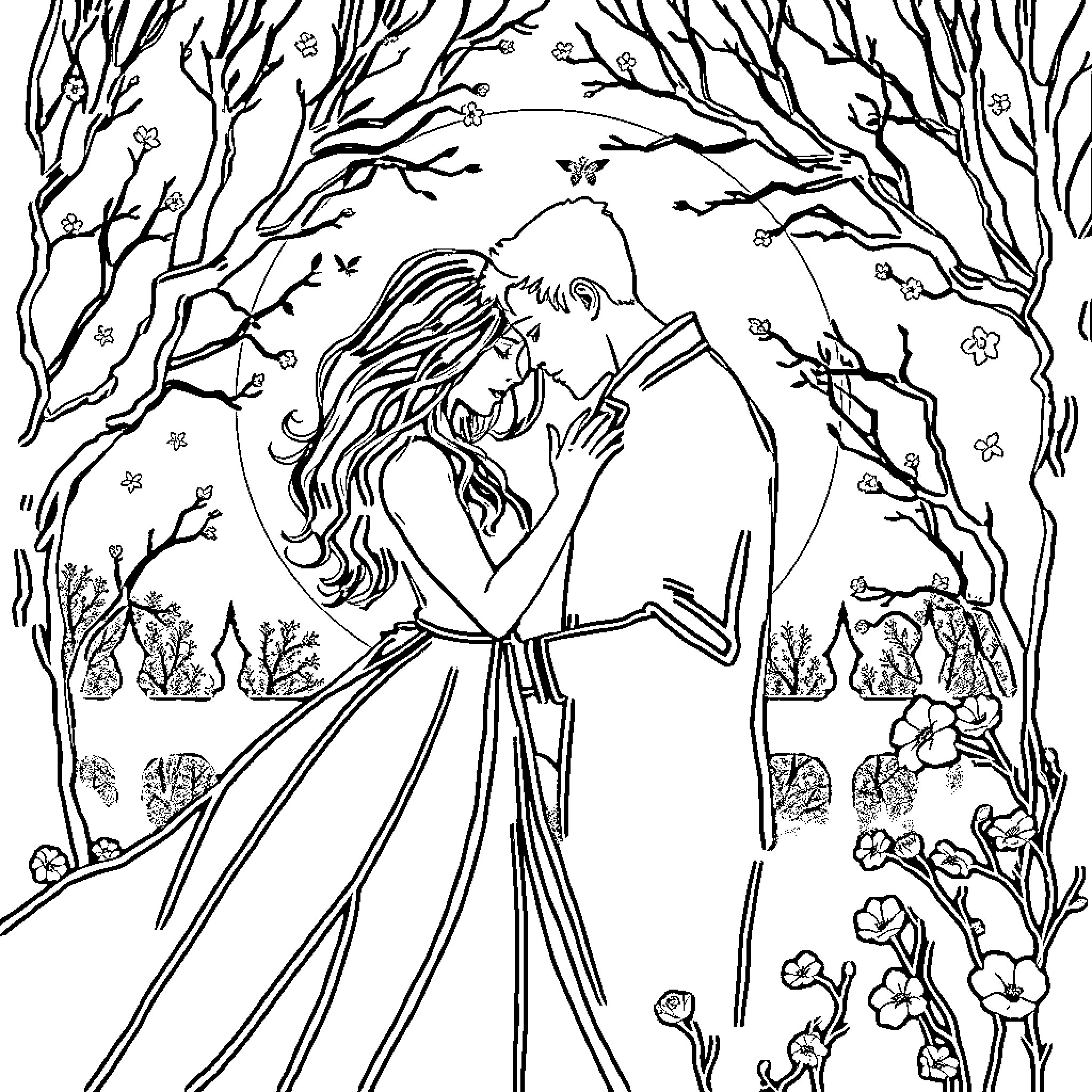 Dark Romance of Lovers in a Magical Forest Coloring Page (free black-and-white line drawing printable PDF for all, from beginners to advanced learners, including children, teens, adults, and seniors)
