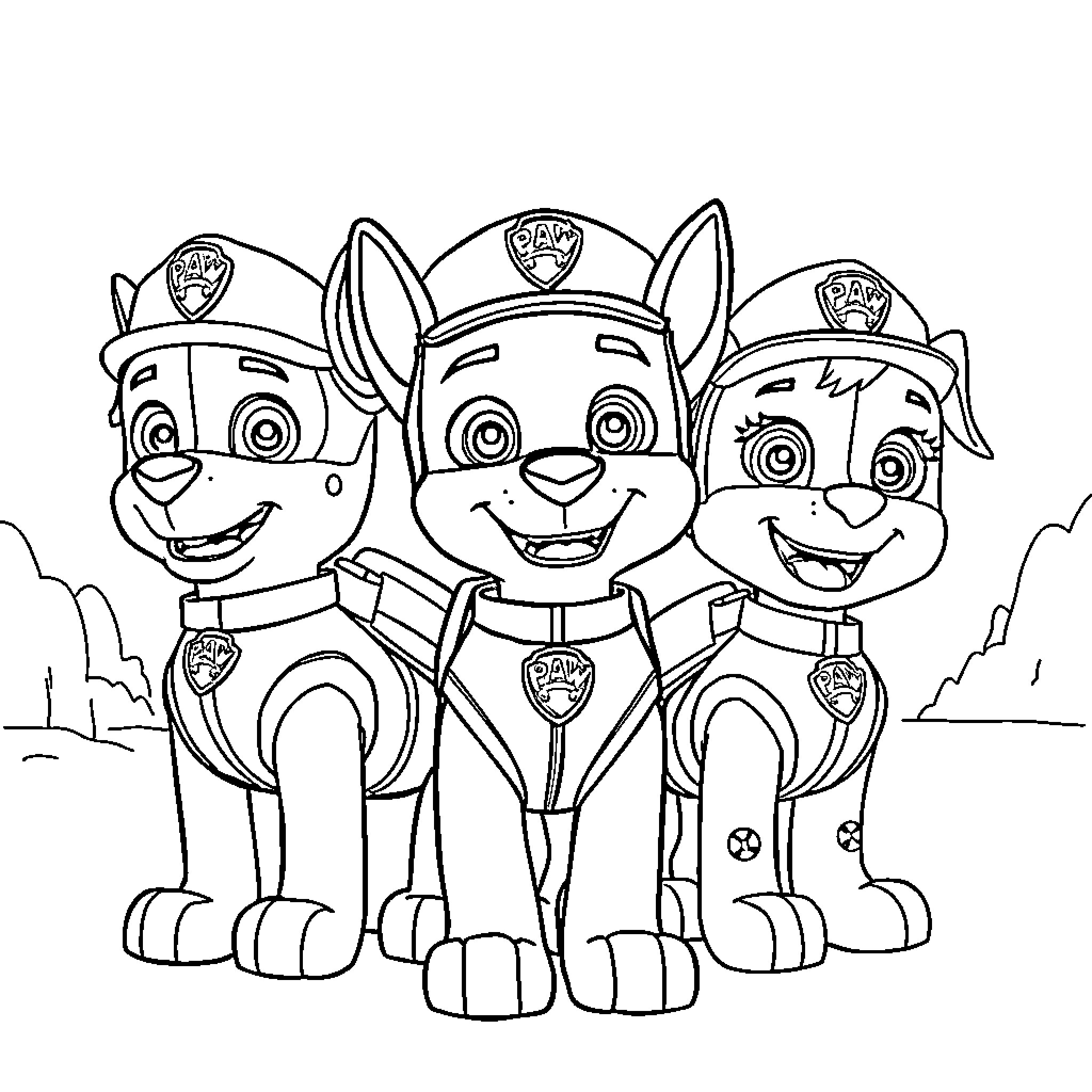 Paw Patrol pups in uniform posing together Coloring Page (free black-and-white line drawing printable PDF for all, from beginners to advanced learners, including children, teens, adults, and seniors)