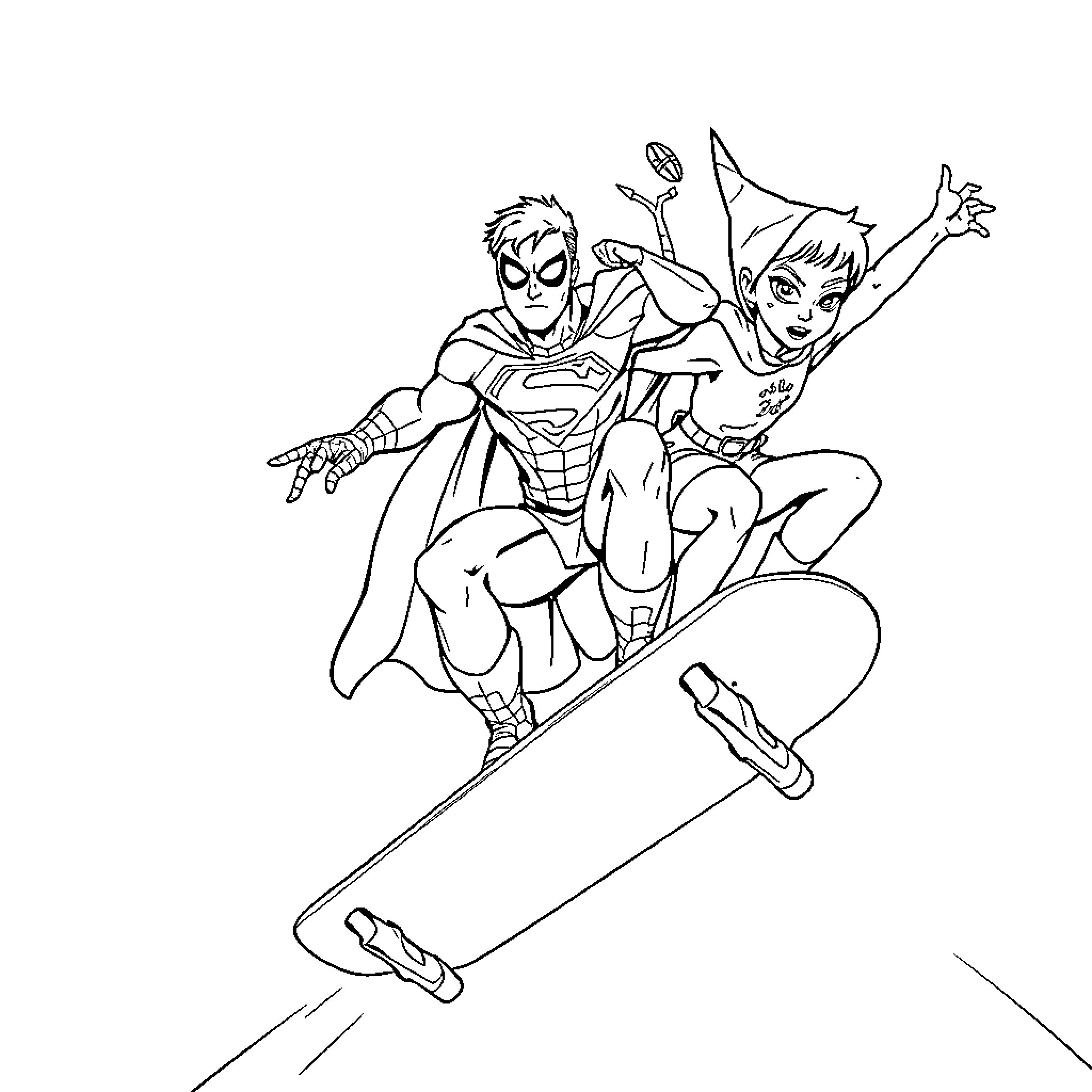 Superhero duo flying through the sky Coloring Page (free black-and-white line drawing printable PDF for all, from beginners to advanced learners, including children, teens, adults, and seniors)