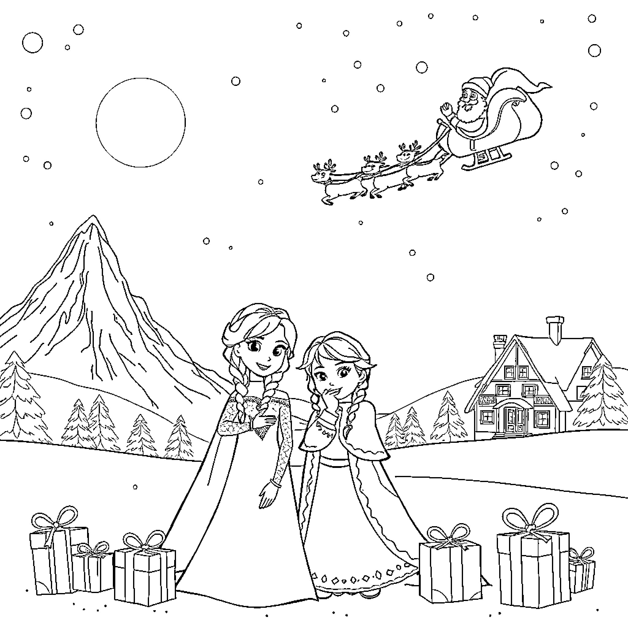 Santa Claus delivering gifts to children in the snow Coloring Page (free black-and-white line drawing printable PDF for all, from beginners to advanced learners, including children, teens, adults, and seniors)