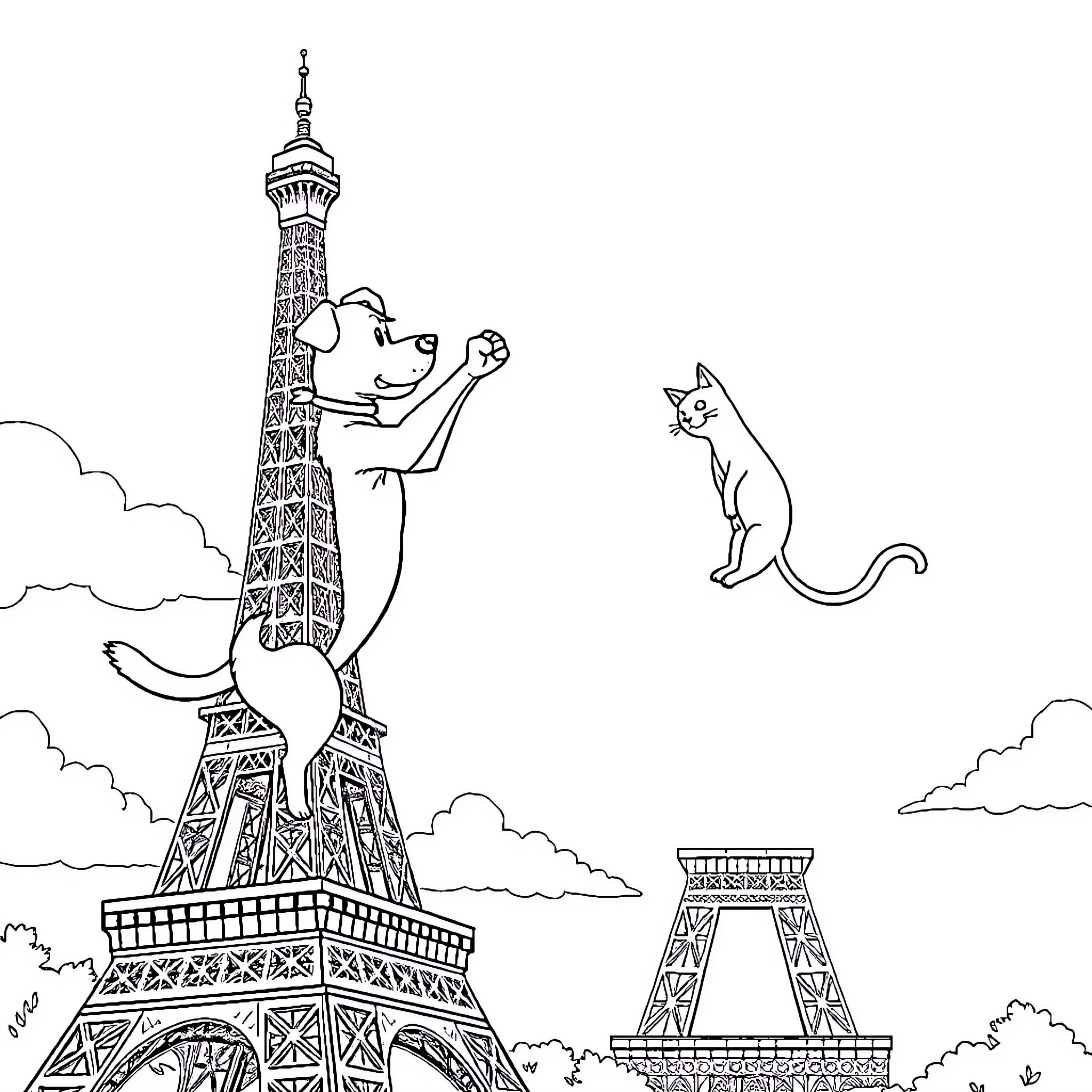 Dog admiring the Eiffel Tower with a cat Coloring Page (free black-and-white line drawing printable PDF for all, from beginners to advanced learners, including children, teens, adults, and seniors)