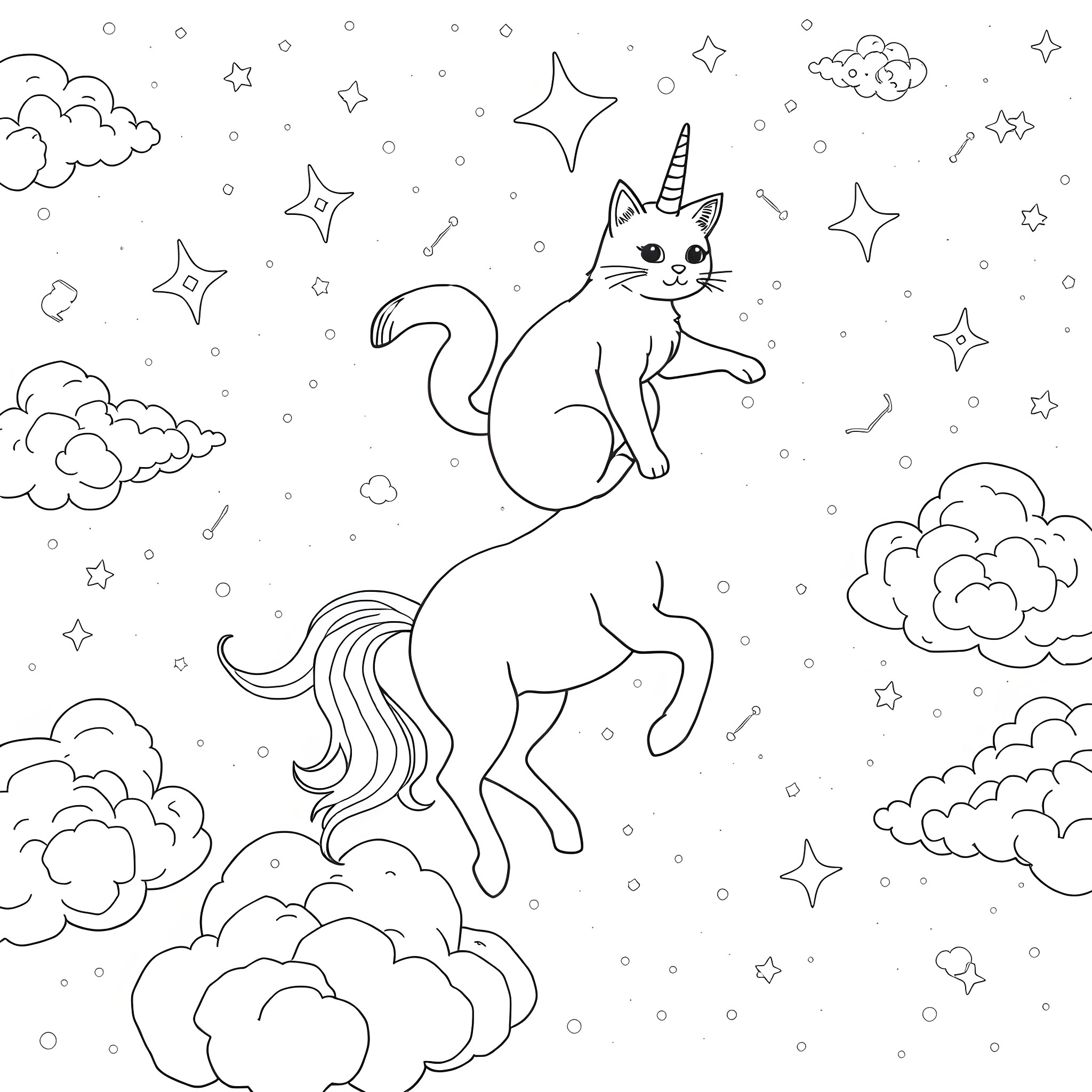 Cat riding a unicorn in the starry sky Coloring Page (free black-and-white line drawing printable PDF for all, from beginners to advanced learners, including children, teens, adults, and seniors)