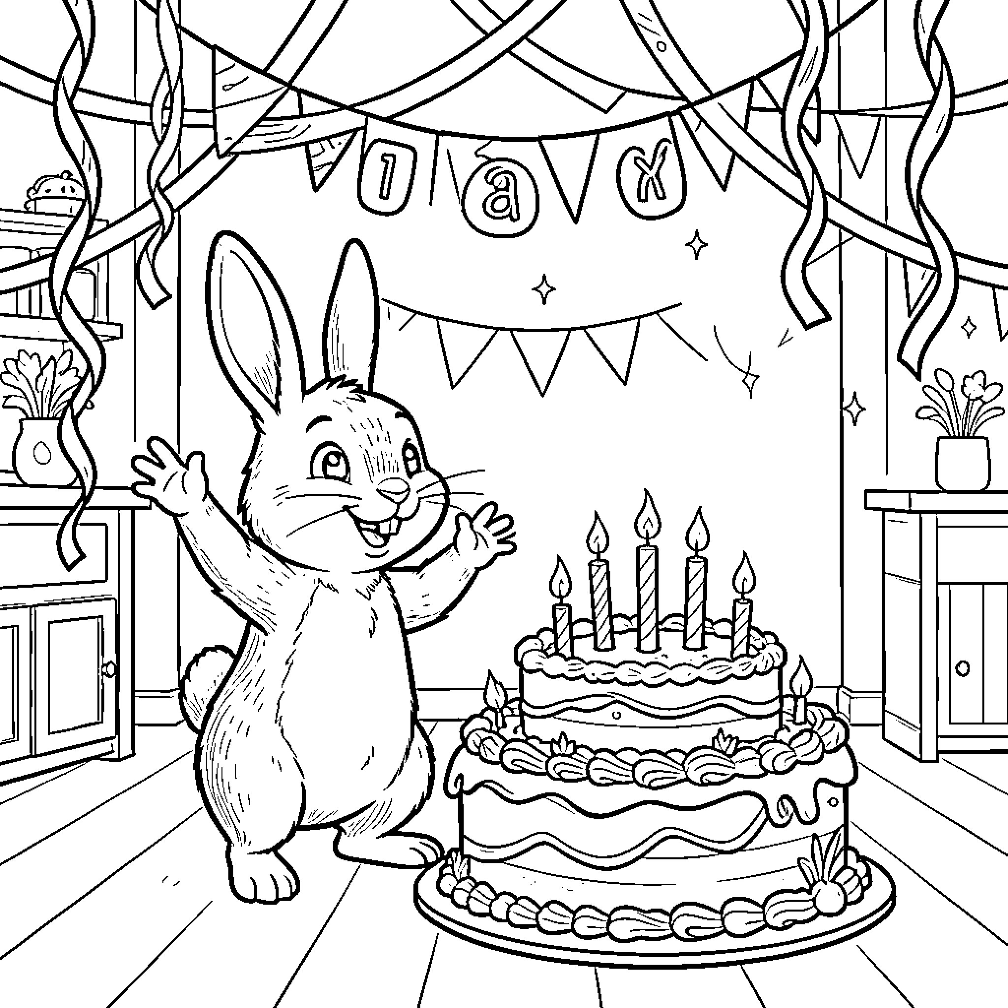 Peter Rabbit celebrating with a large birthday cake Coloring Page (free black-and-white line drawing printable PDF for all, from beginners to advanced learners, including children, teens, adults, and seniors)