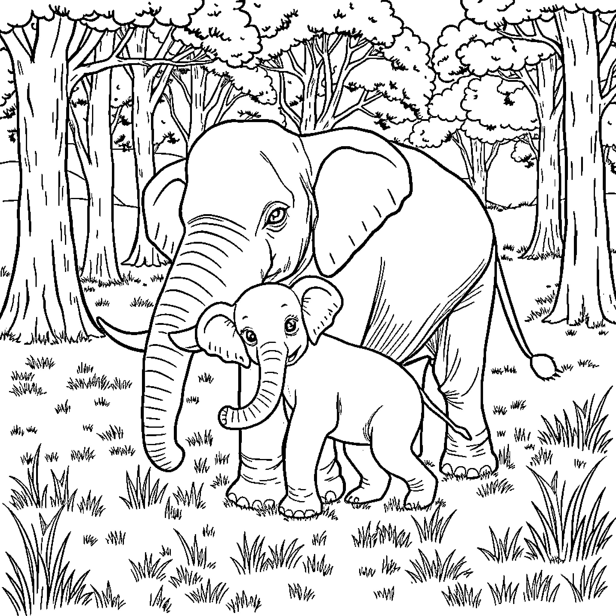 Elephant Mother and Calf in the Jungle Coloring Page (free black-and-white line drawing printable PDF for all, from beginners to advanced learners, including children, teens, adults, and seniors)