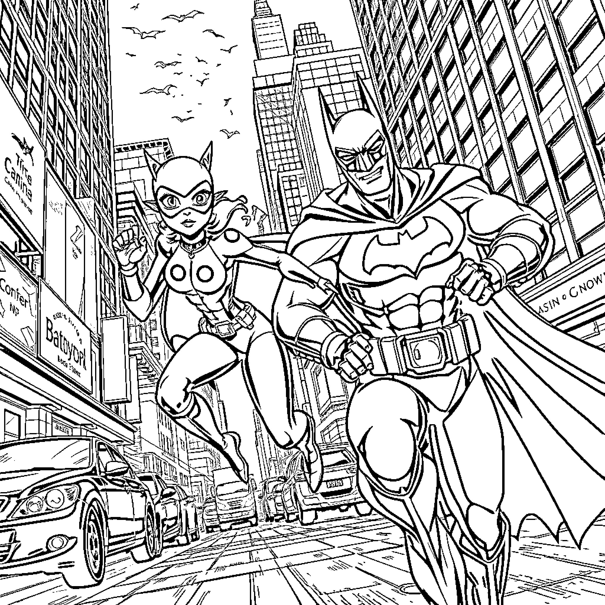 Ladybug and Batman team up in the city Coloring Page (free black-and-white line drawing printable PDF for all, from beginners to advanced learners, including children, teens, adults, and seniors)