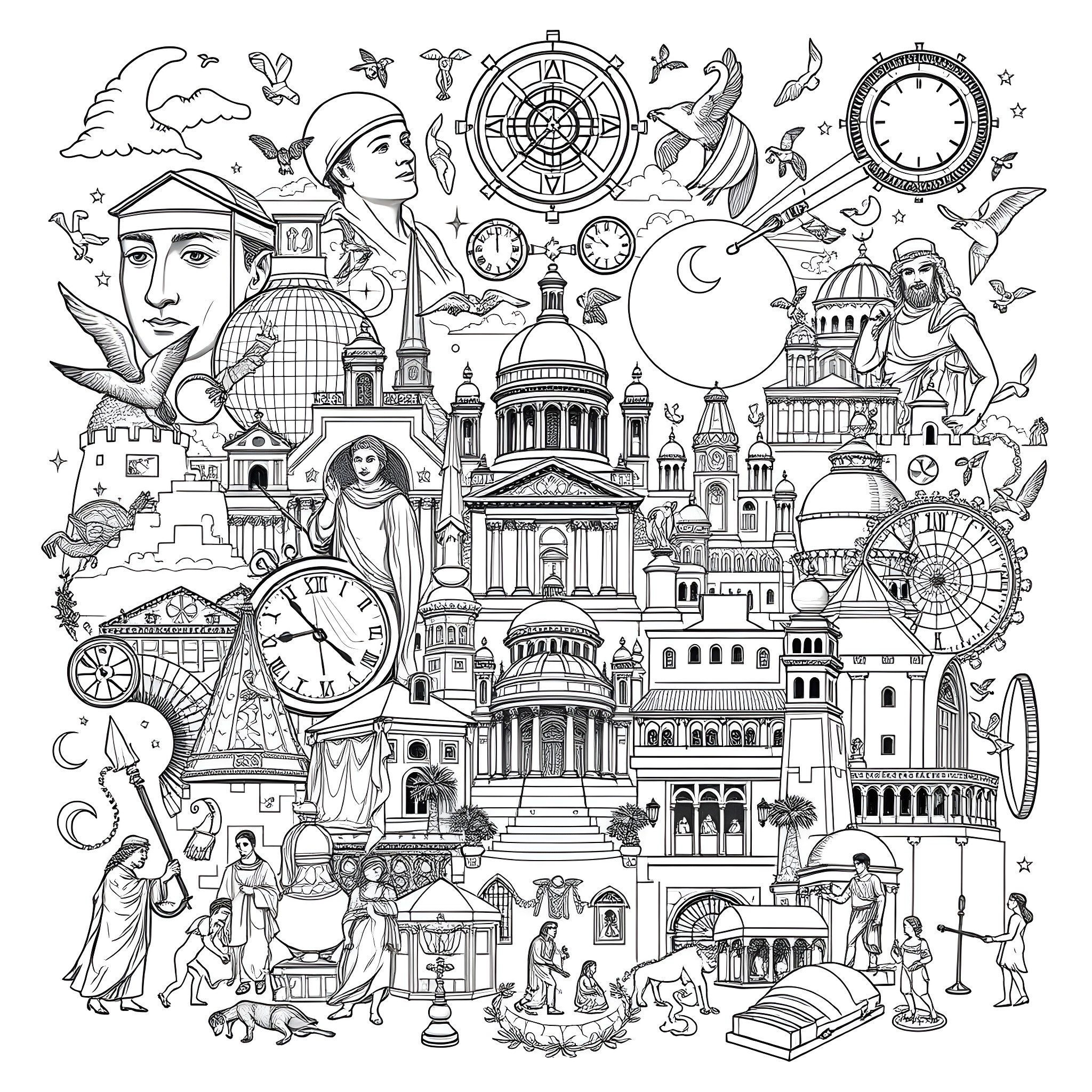 History of Intricate Architectural Structures and Symbols Coloring Page (free black-and-white line drawing printable PDF for all, from beginners to advanced learners, including children, teens, adults, and seniors)