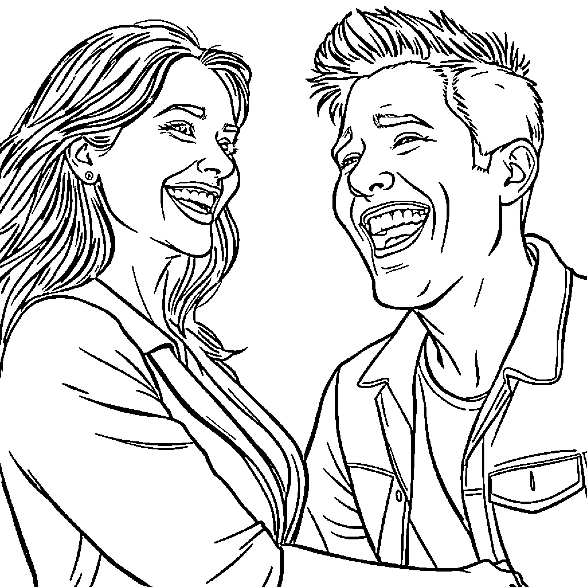 Woman laughing joyfully with man in casual attire Coloring Page (free black-and-white line drawing printable PDF for all, from beginners to advanced learners, including children, teens, adults, and seniors)