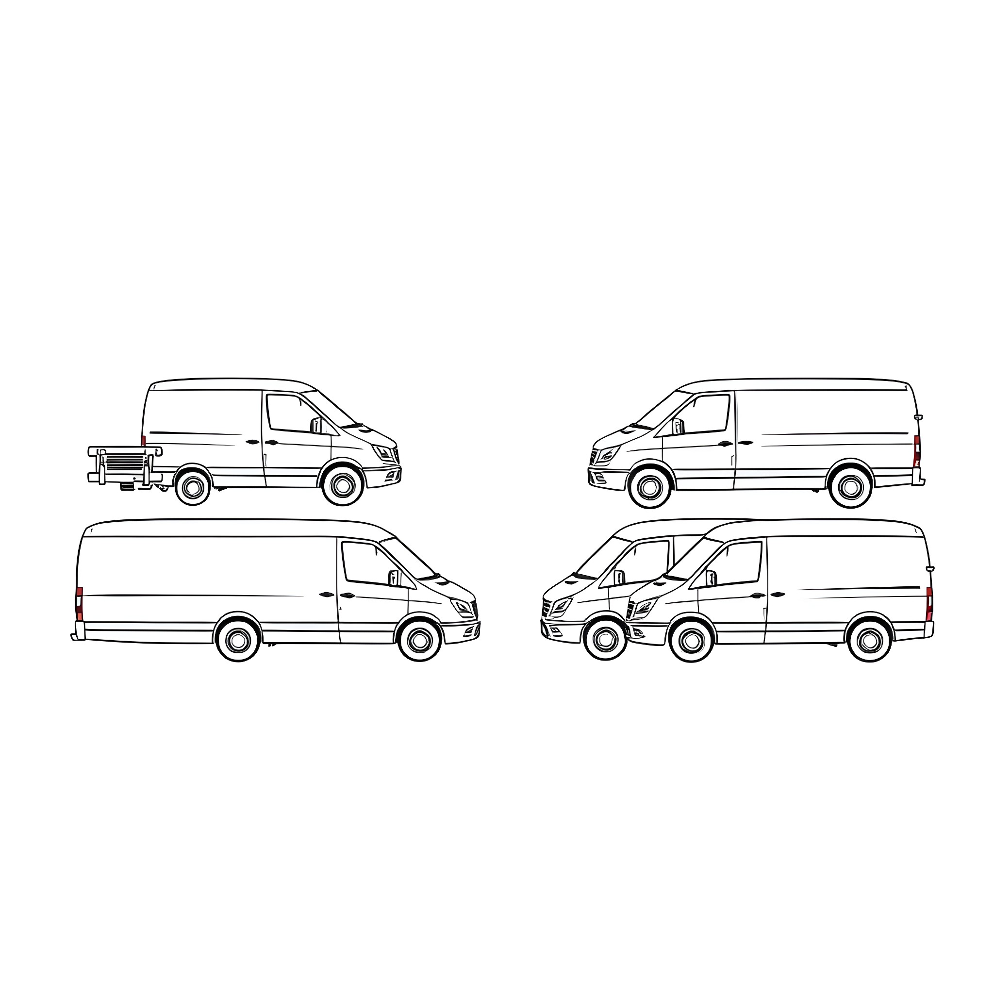 Van models in various shapes and sizes Coloring Page (free black-and-white line drawing printable PDF for all, from beginners to advanced learners, including children, teens, adults, and seniors)